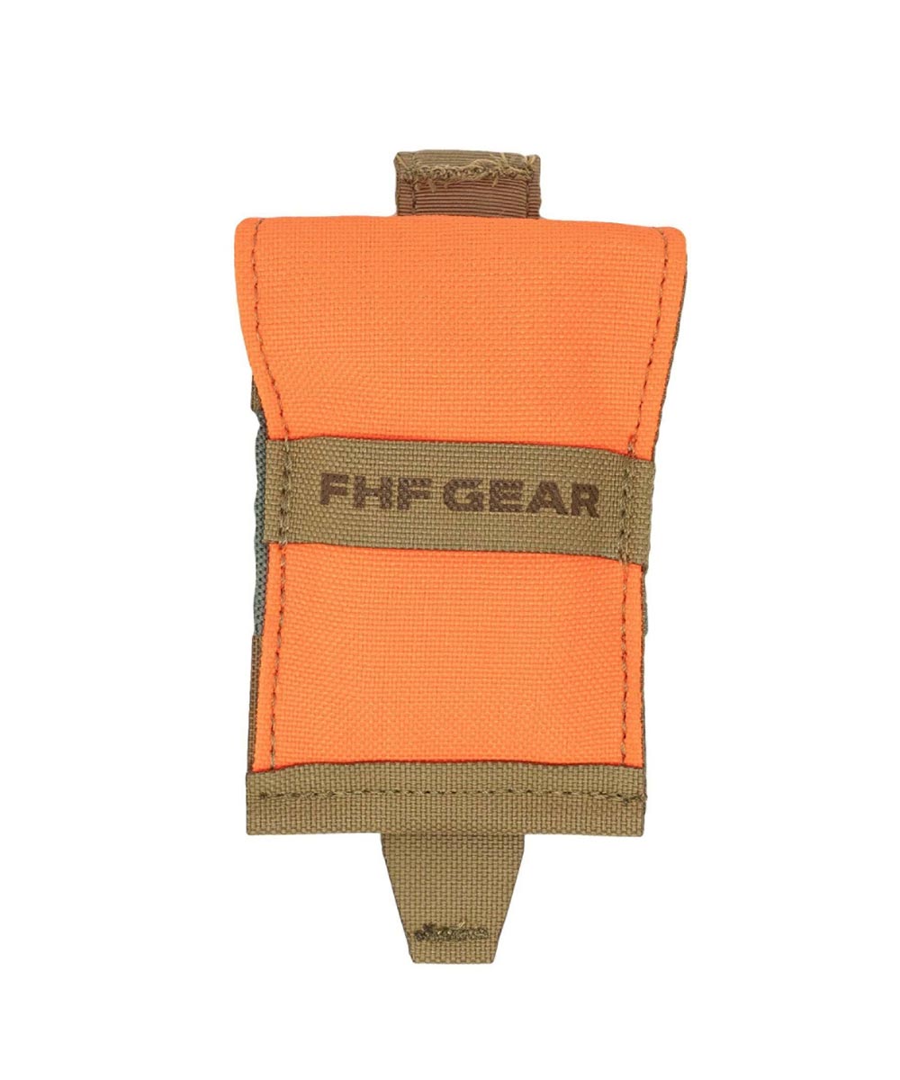 Orange FHF GEAR tactical pouch with olive straps and attachment tabs.