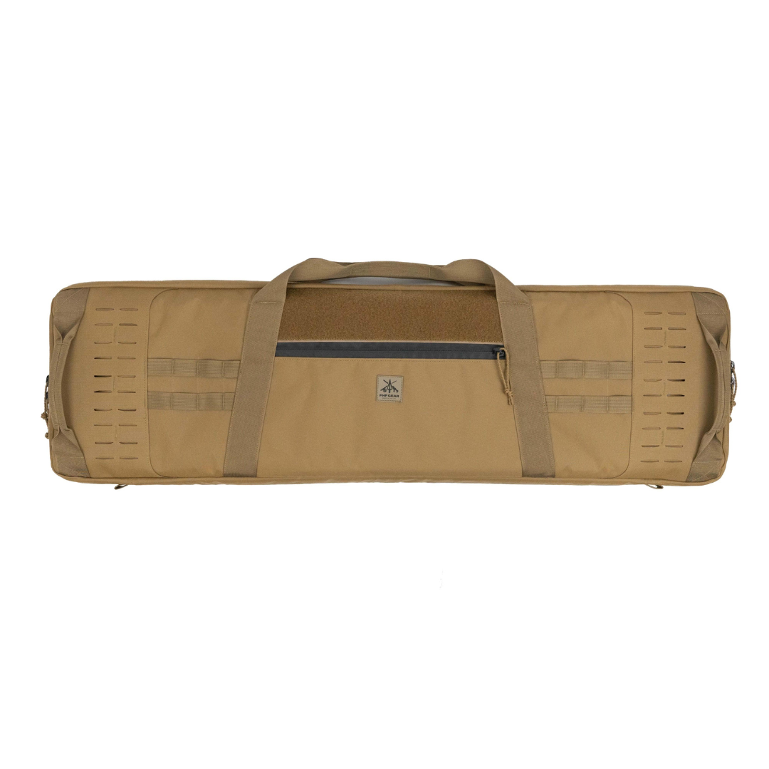 Tan rifle case with top handles, front zip pocket, hook-and-loop panel, and laser-cut PALS.
