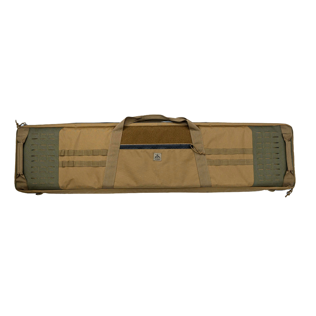 Coyote tactical rifle case with olive green ends, MOLLE panels, handles, and zip pocket.