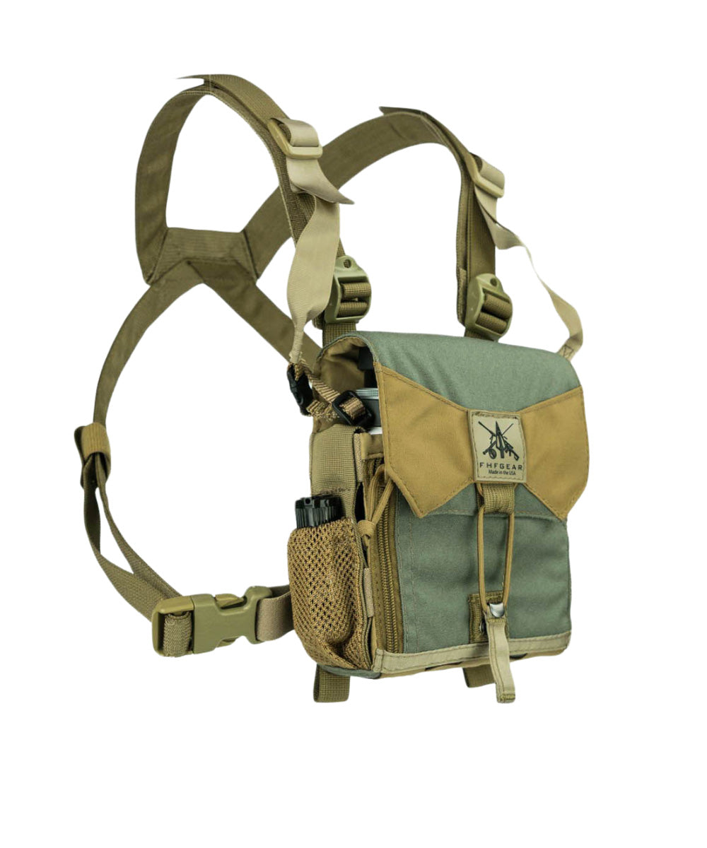 Two-tone green and tan binocular harness with adjustable straps and mesh pocket.