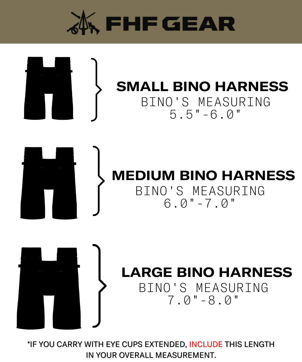 FHF Gear binocular harness sizing guide showing small, medium, large black binoculars.
