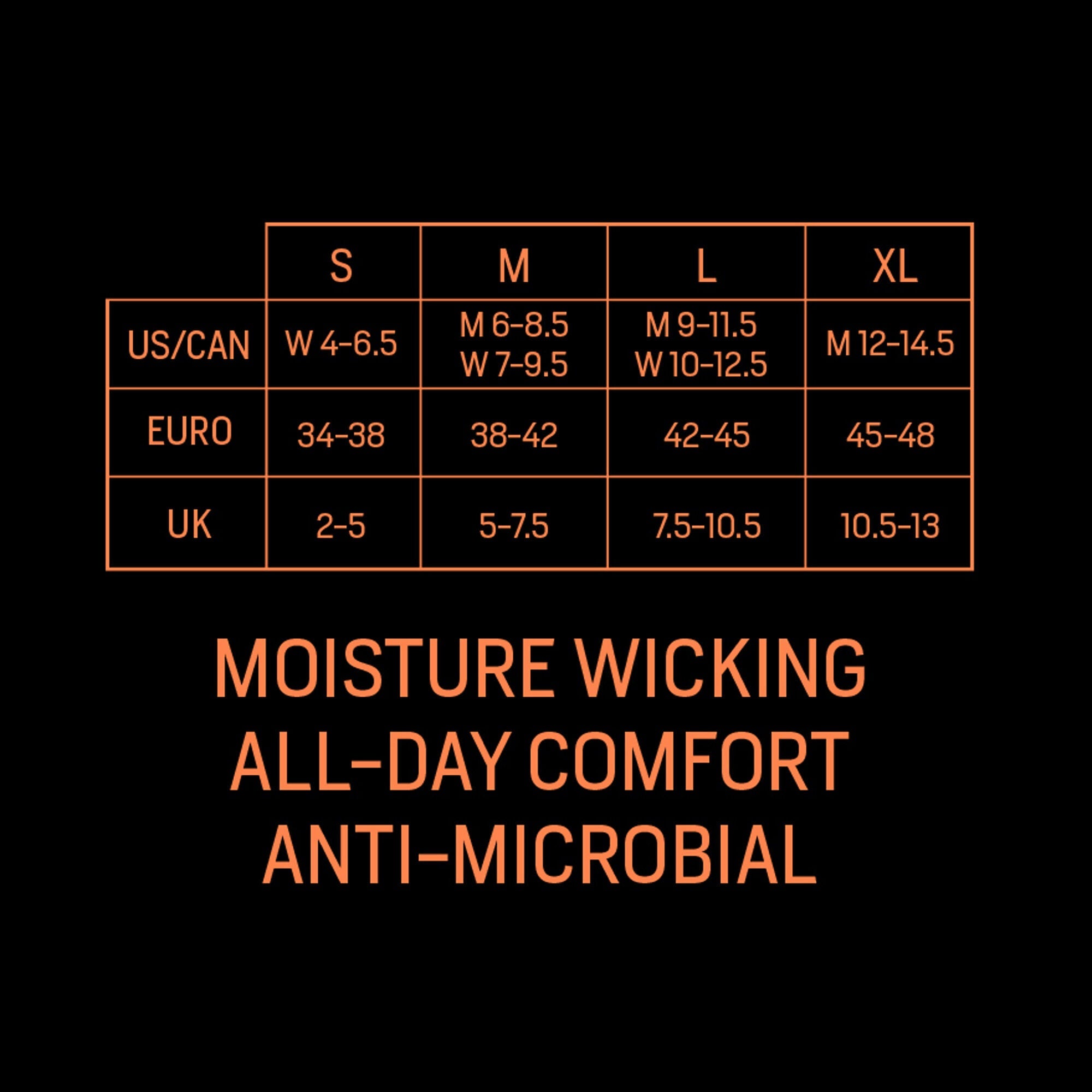 An orange and black graphic displaying a clothing size chart (S, M, L, XL in US/CAN, EURO, UK sizes) and product features: moisture wicking, all-day comfort, anti-microbial.