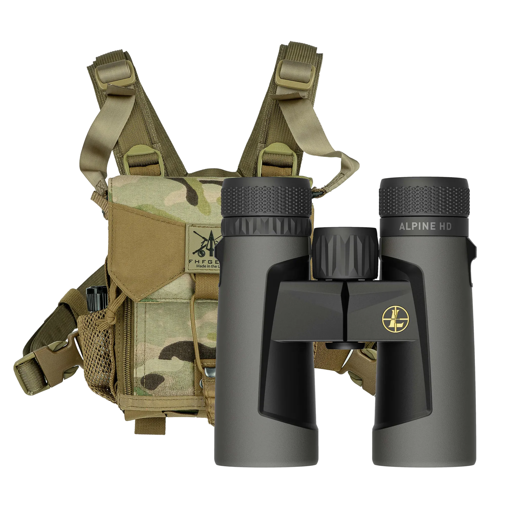 Binoculars with a bino harness on a white background