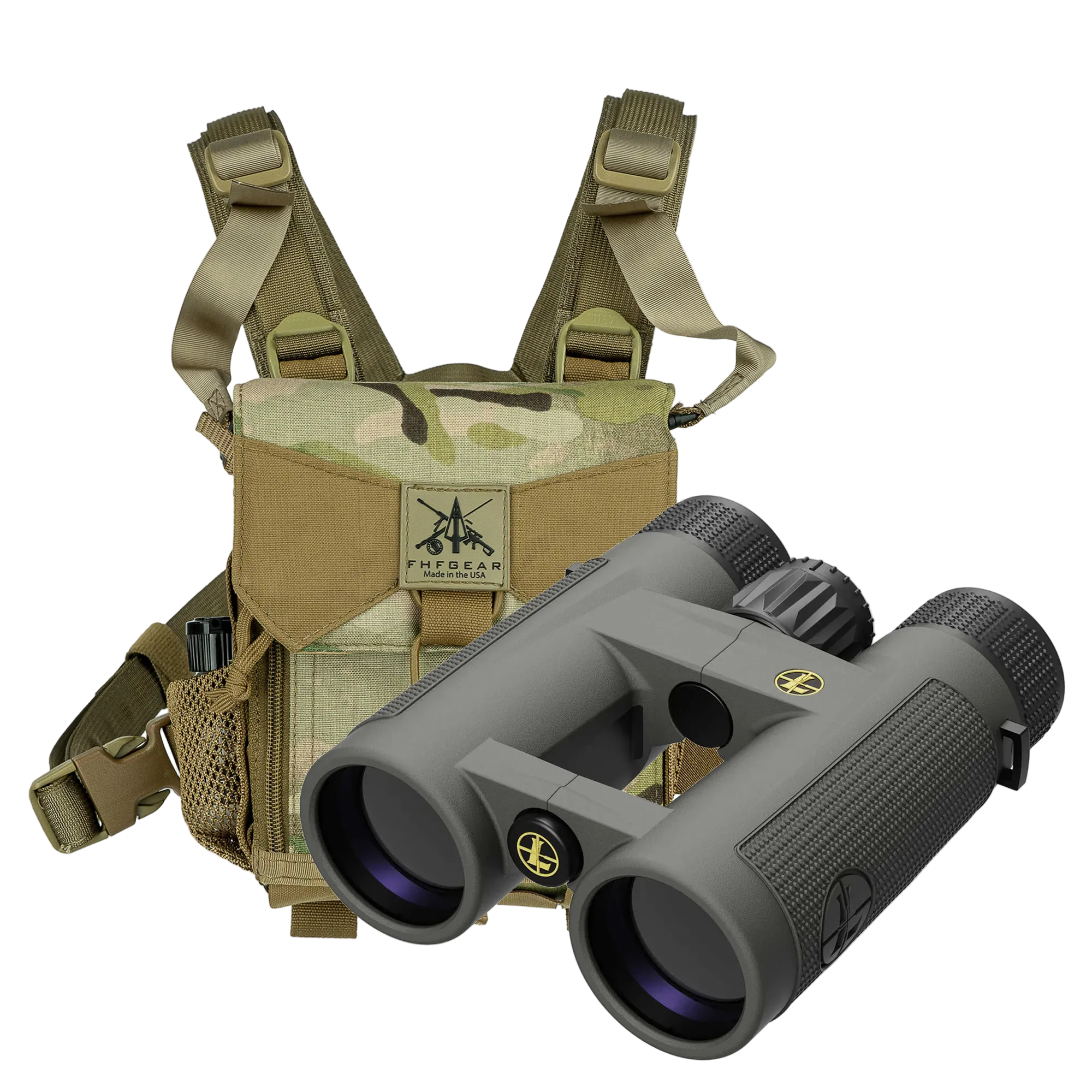 Binoculars with binocular harness on a white background