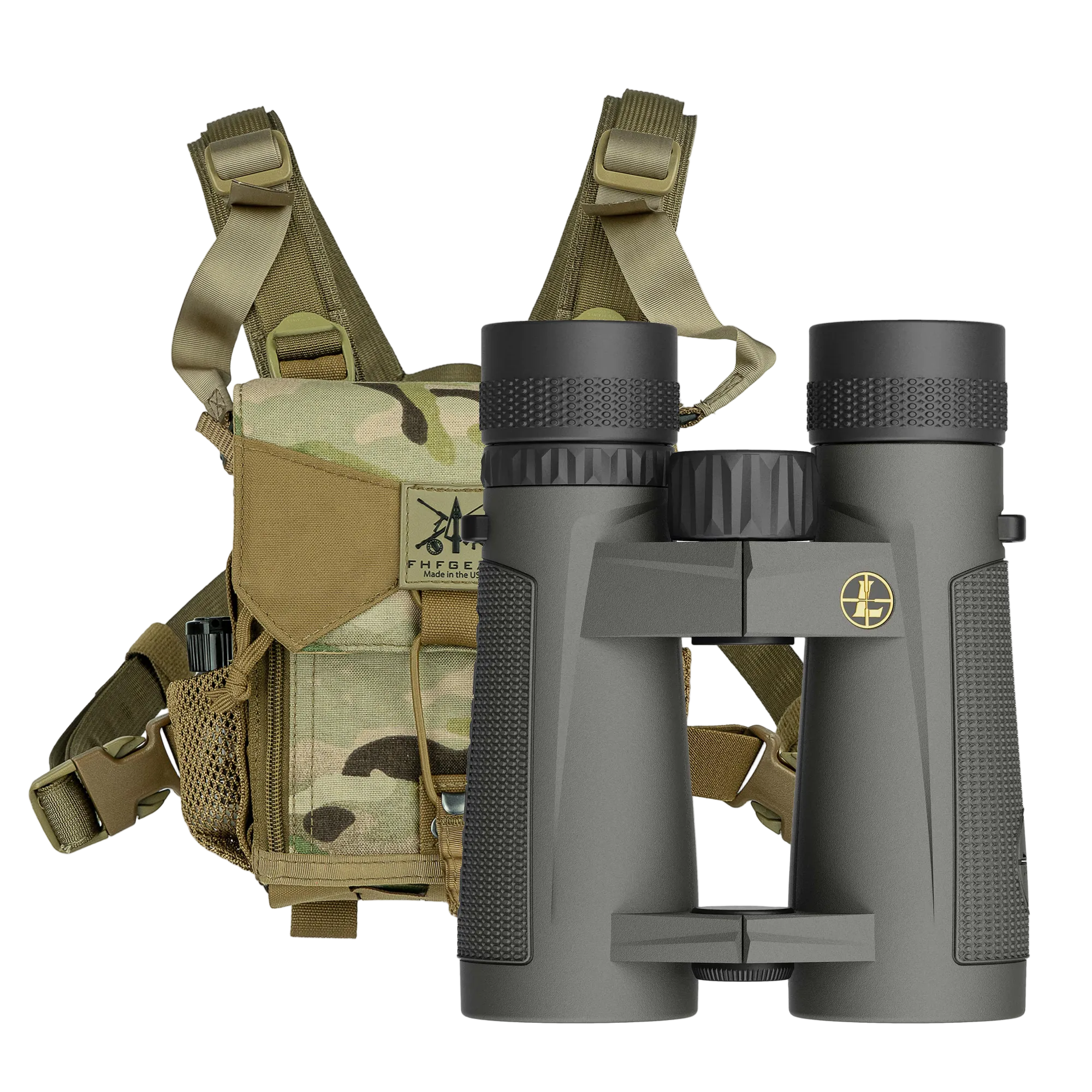 Binoculars with binocular harness on a white background