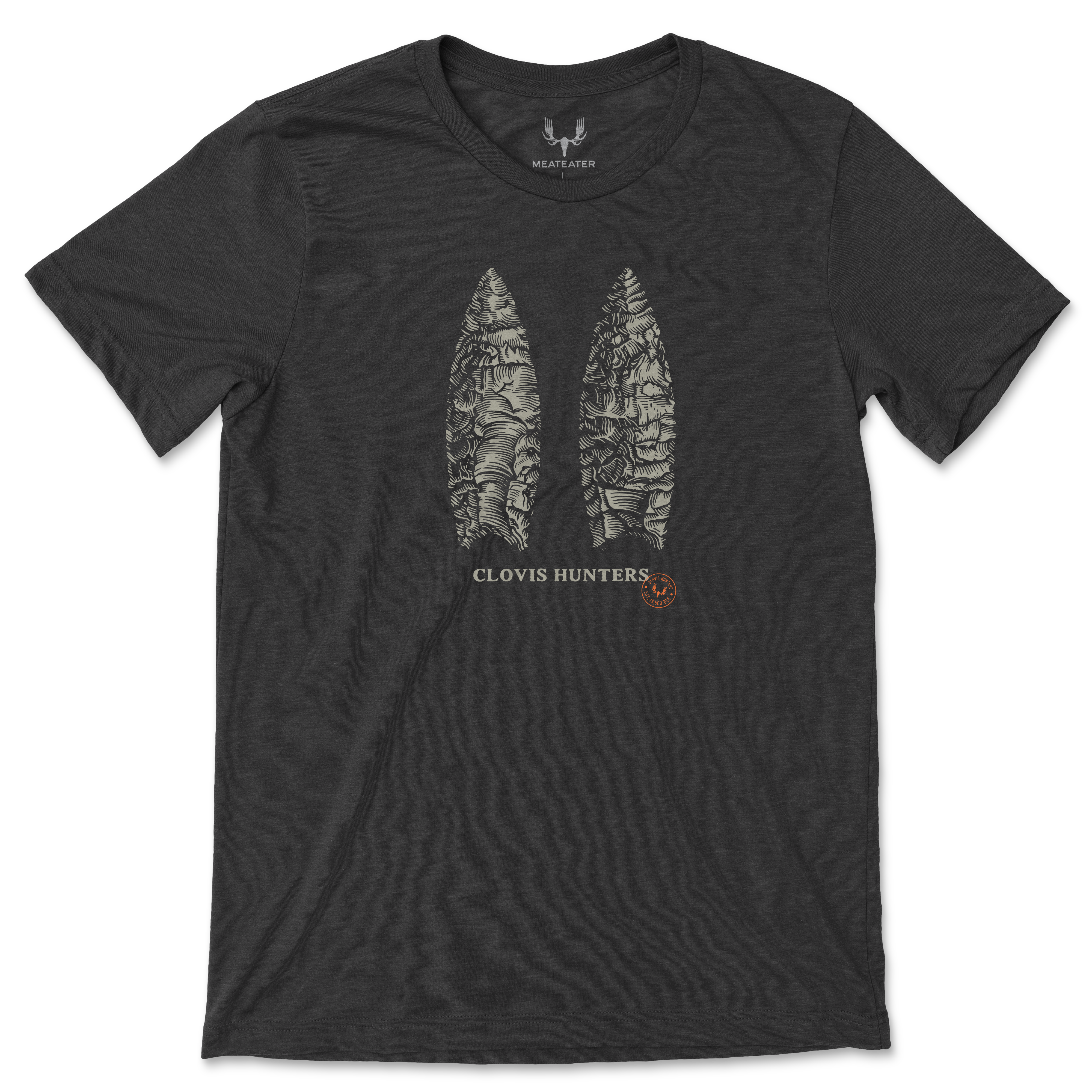 Dark heather gray t-shirt with two flintknapped Clovis points and 'CLOVIS HUNTERS' text.