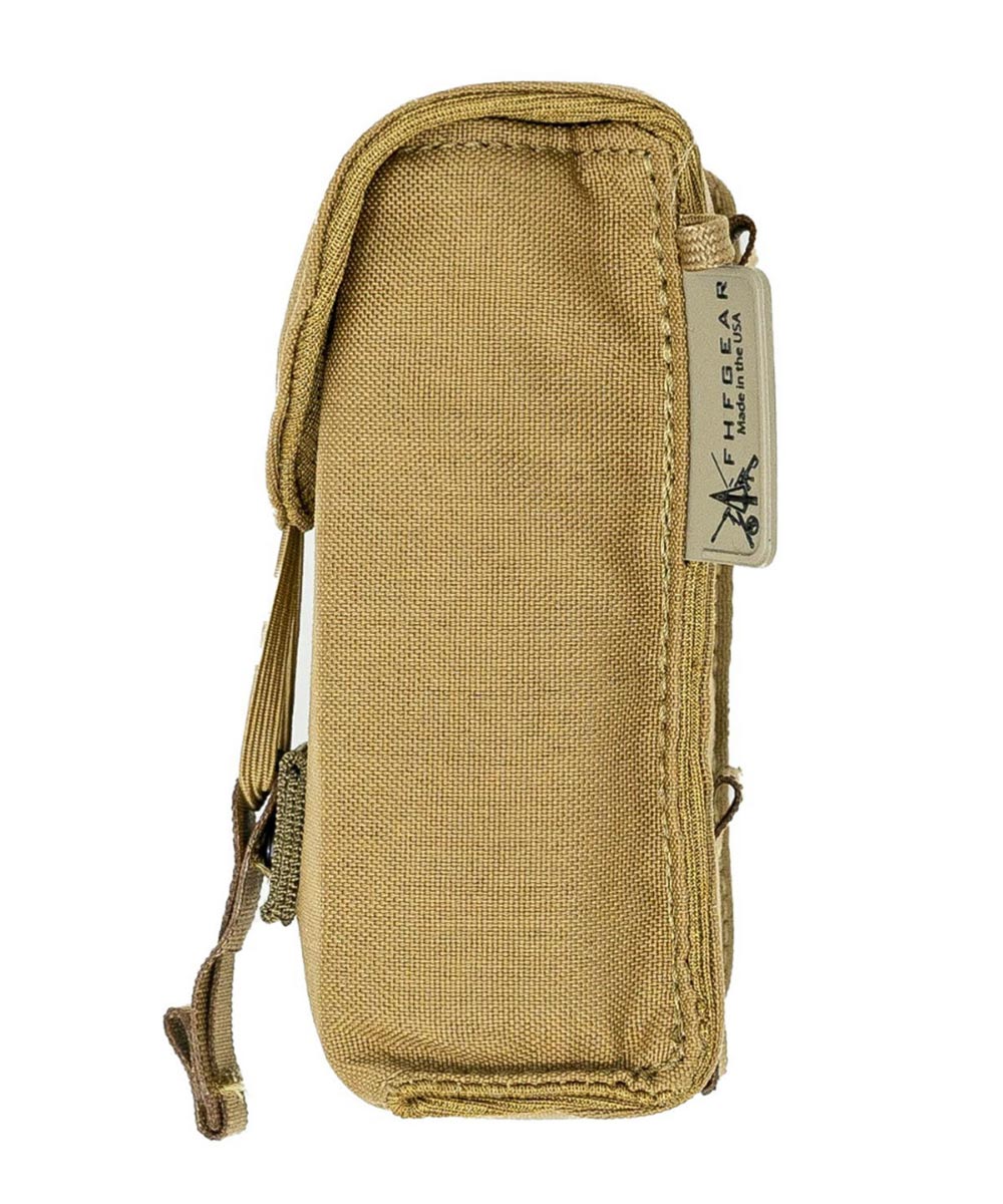 Coyote brown gear pouch with flap, side strap, and FHFGEAR tag.