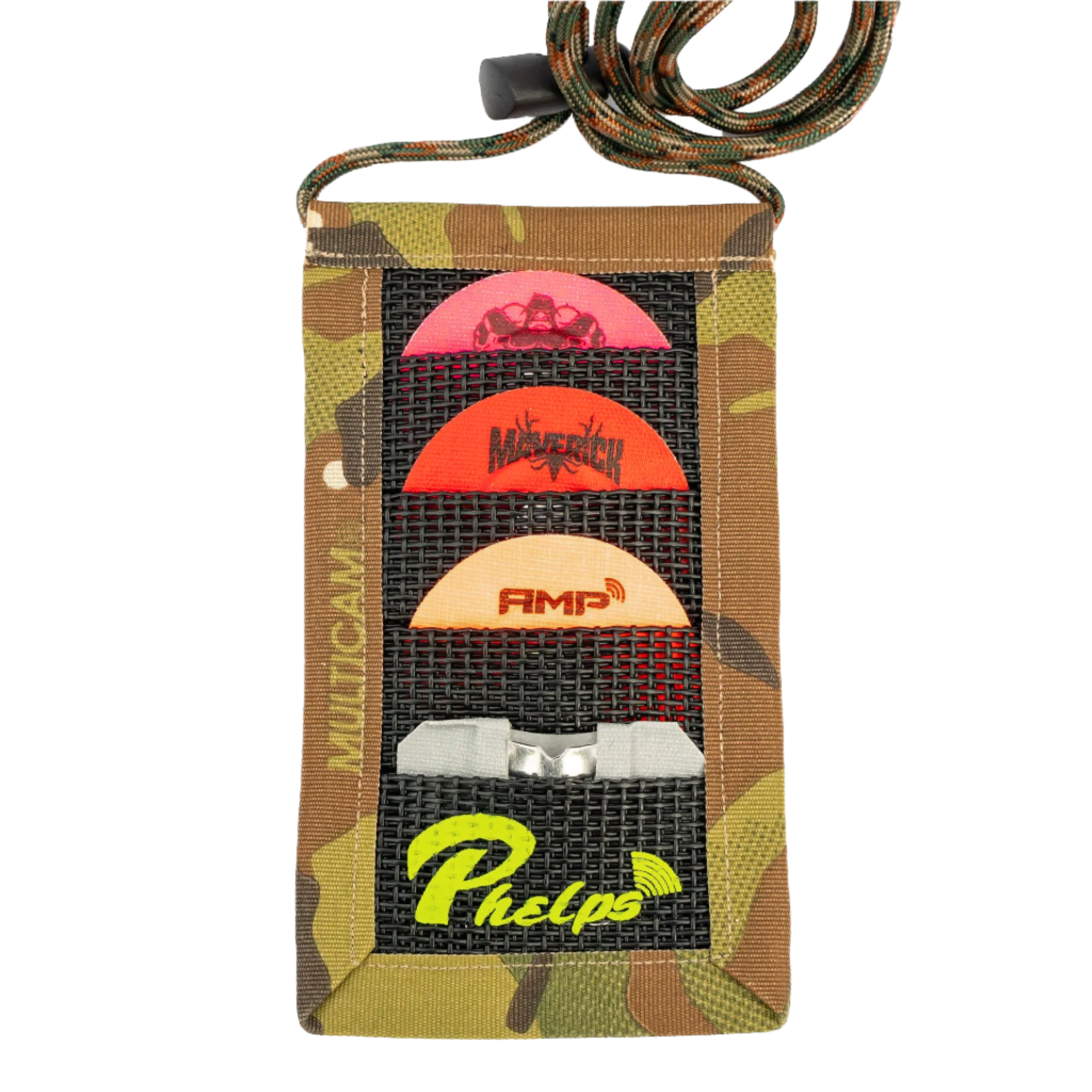 Multicam game call holder with lanyard, black mesh front showing 3 calls, clip, and Phelps logo.