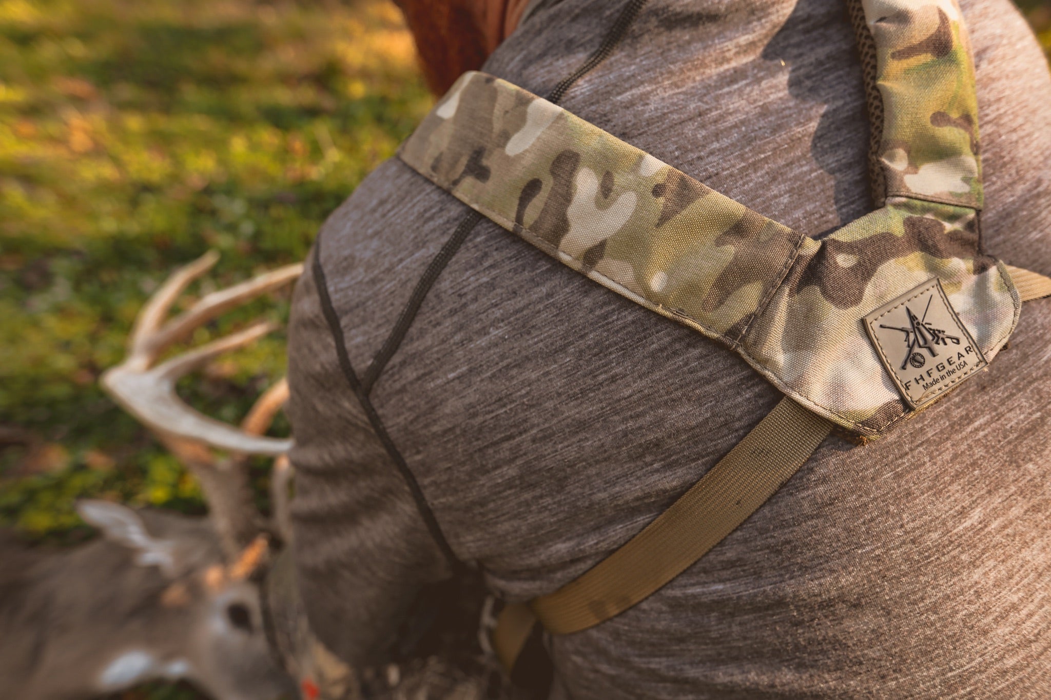 FHFGEAR MultiCam chest harness, Made in USA brand label.