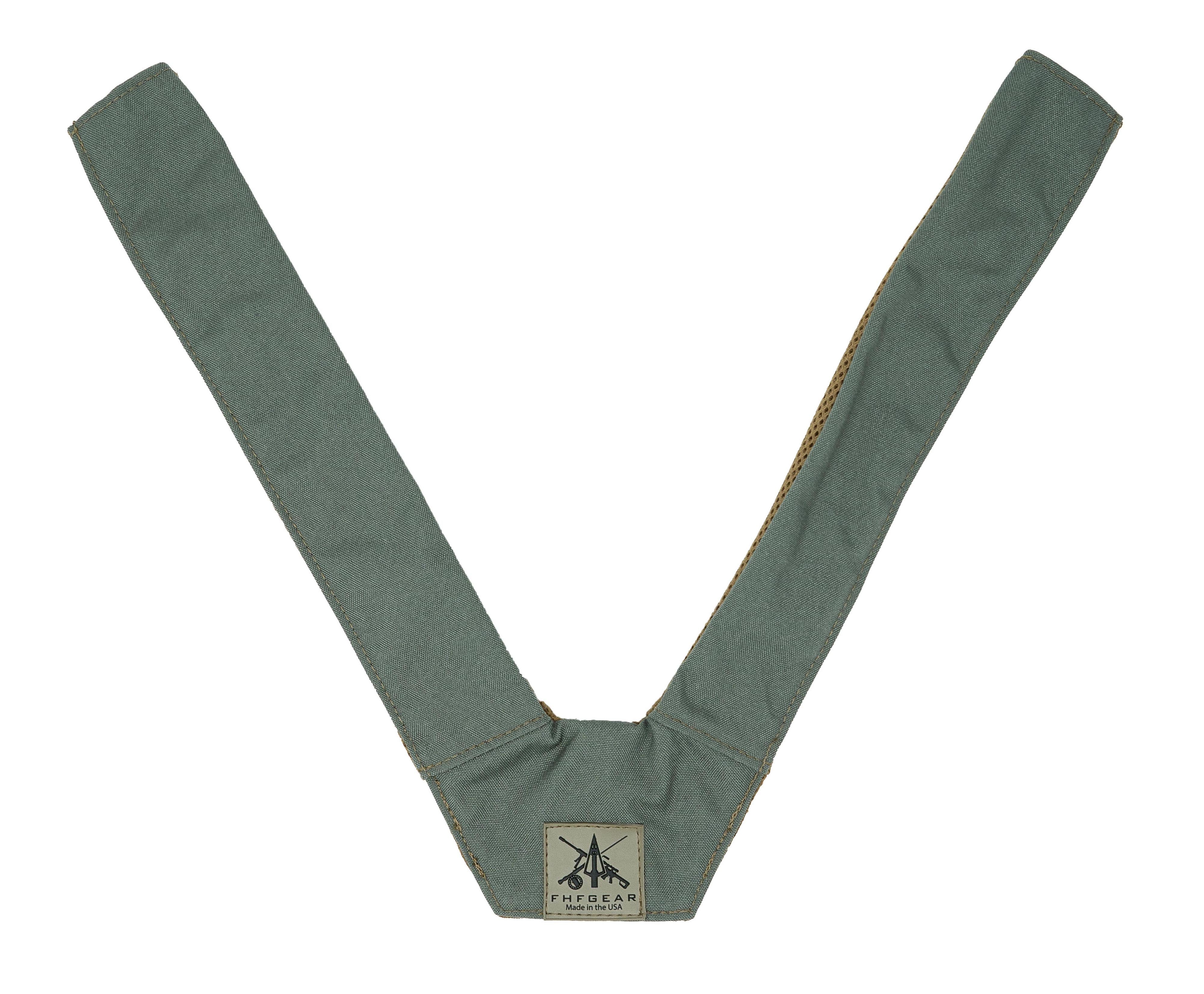 Ranger green V-shaped gear strap with tan mesh backing and FHF GEAR label.
