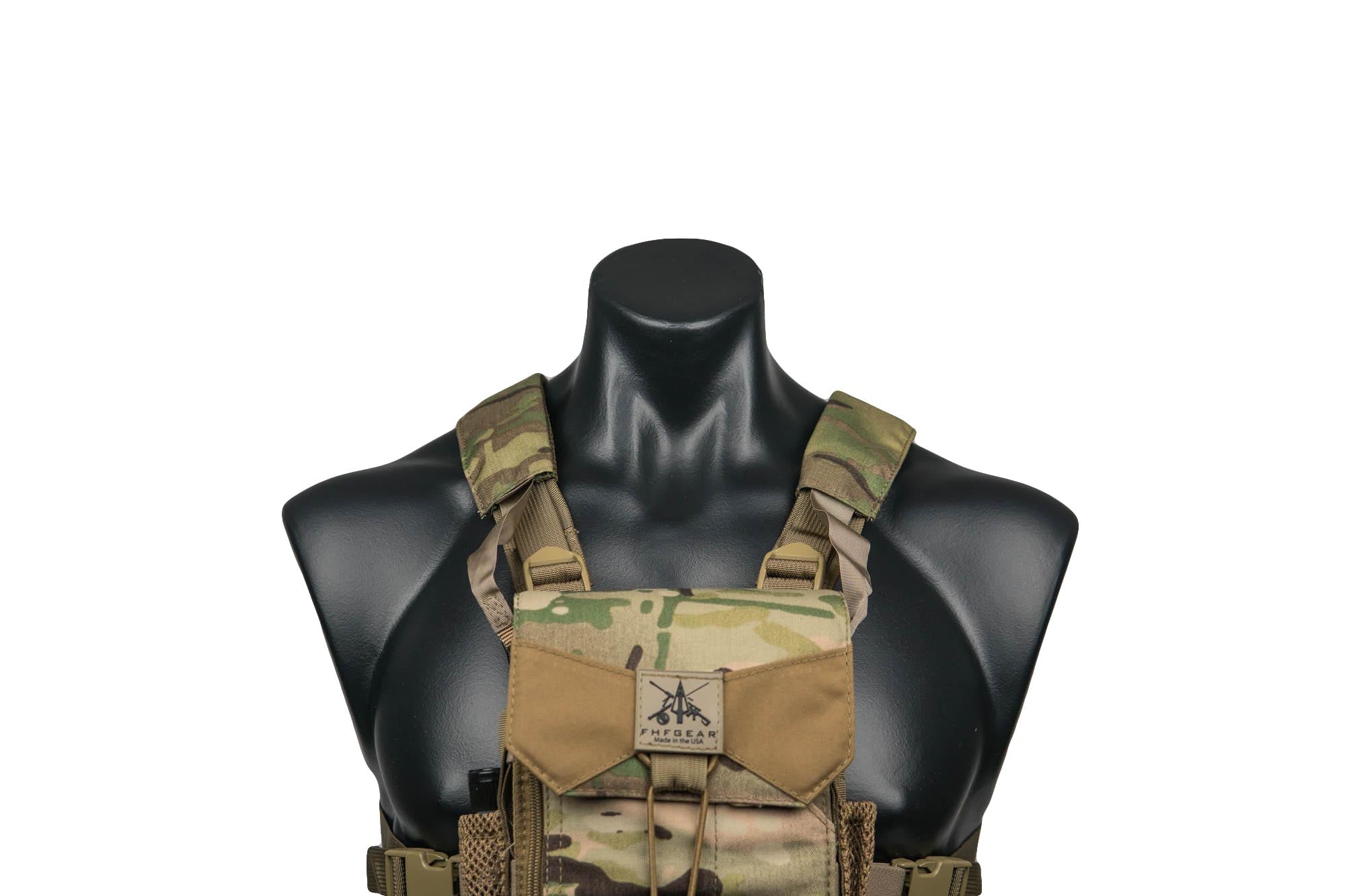 Multicam chest rig with tan accents and FHFGEAR logo on a mannequin.