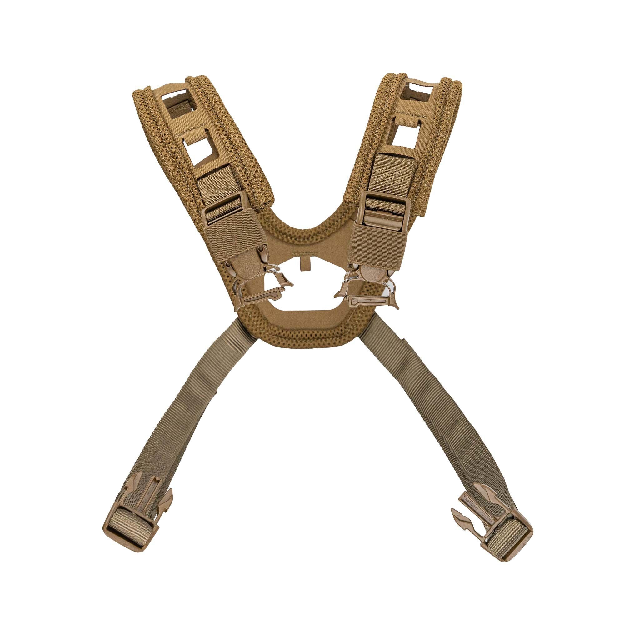 Coyote brown tactical harness with padded, mesh shoulders and quick-release buckles.