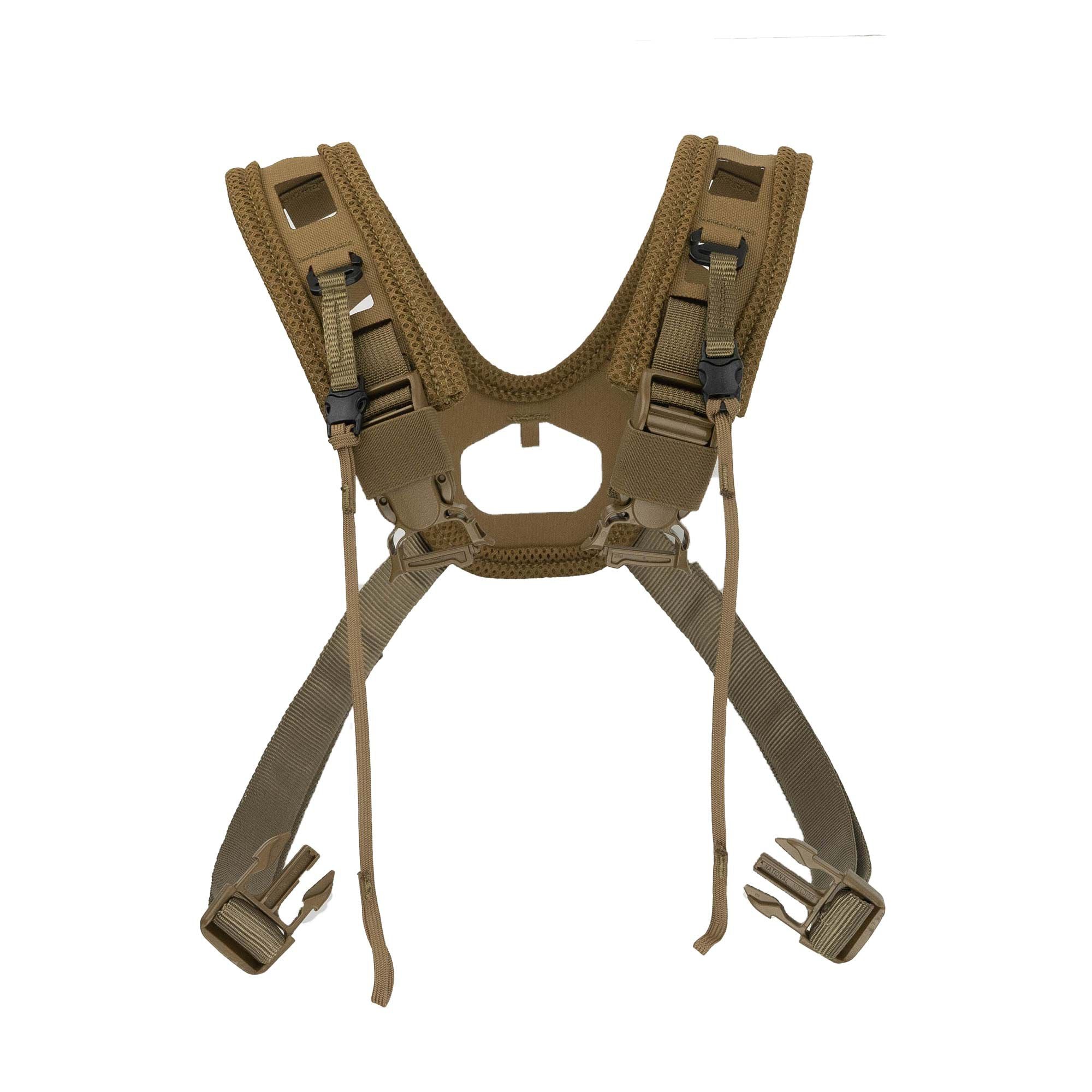 Coyote tactical harness with padded mesh straps and quick-release buckles, X-shape.