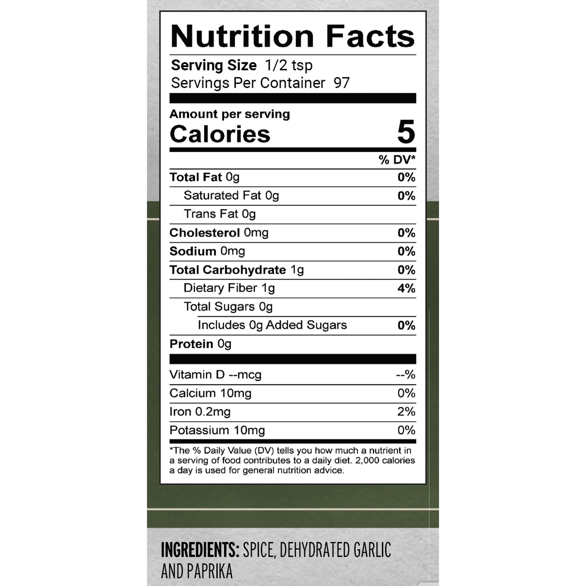 White nutrition facts label for spice blend with 5 calories, listing garlic and paprika.