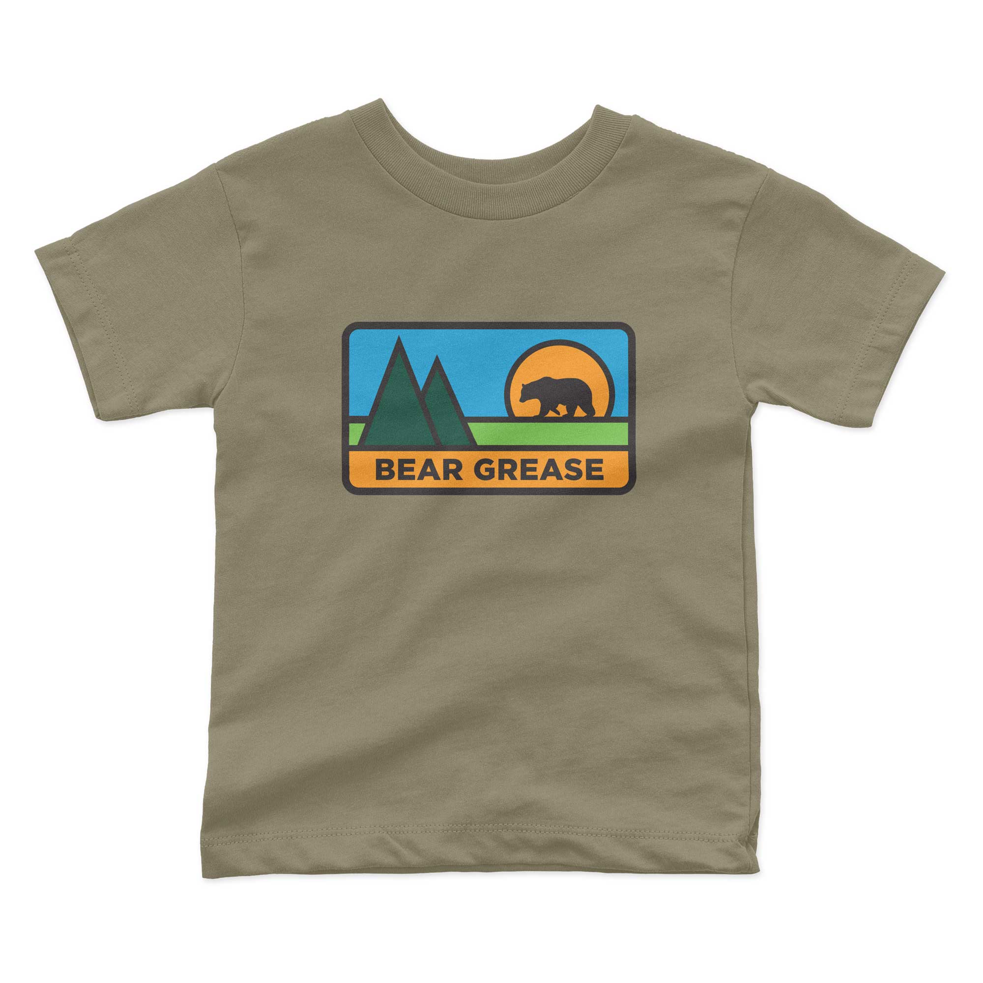 Olive t-shirt with 'BEAR GREASE' graphic: mountains, sun, and bear silhouette.