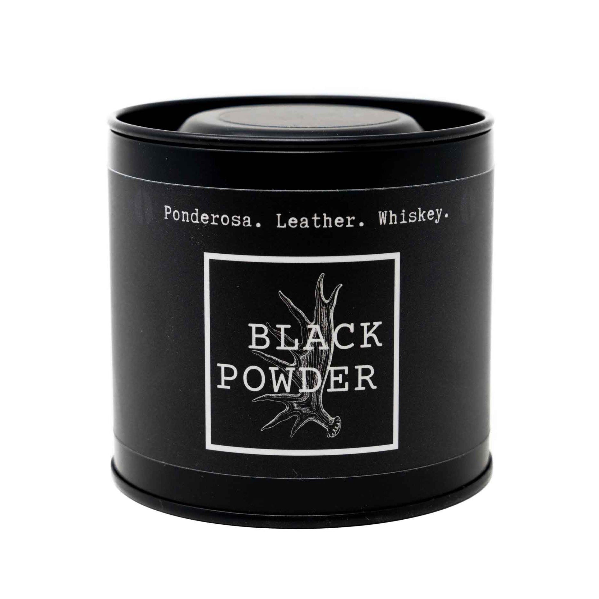 Black Powder ponderosa, leather, and whiskey scented candle.