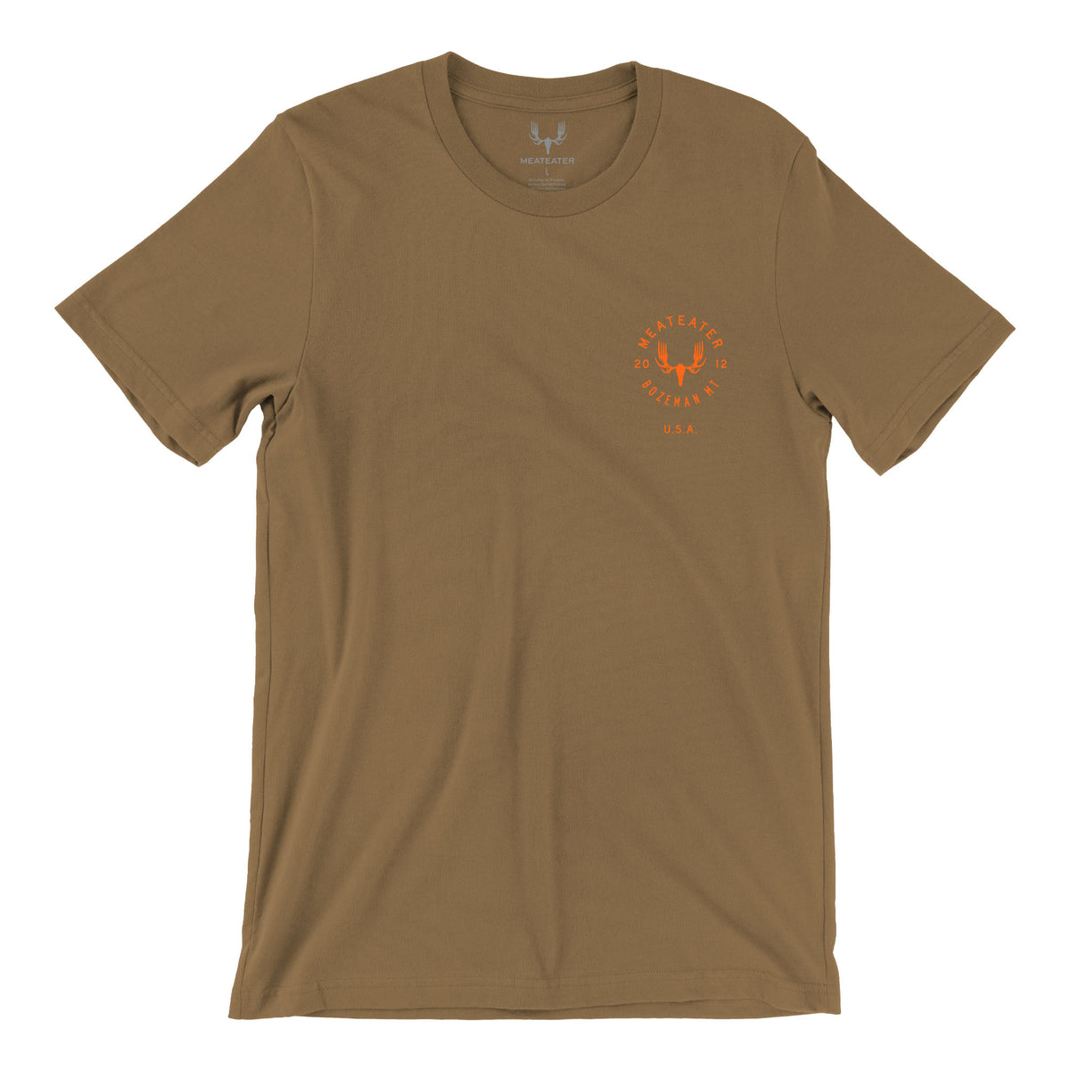 Brown t-shirt with orange antler logo & "Bozeman MT USA" text.