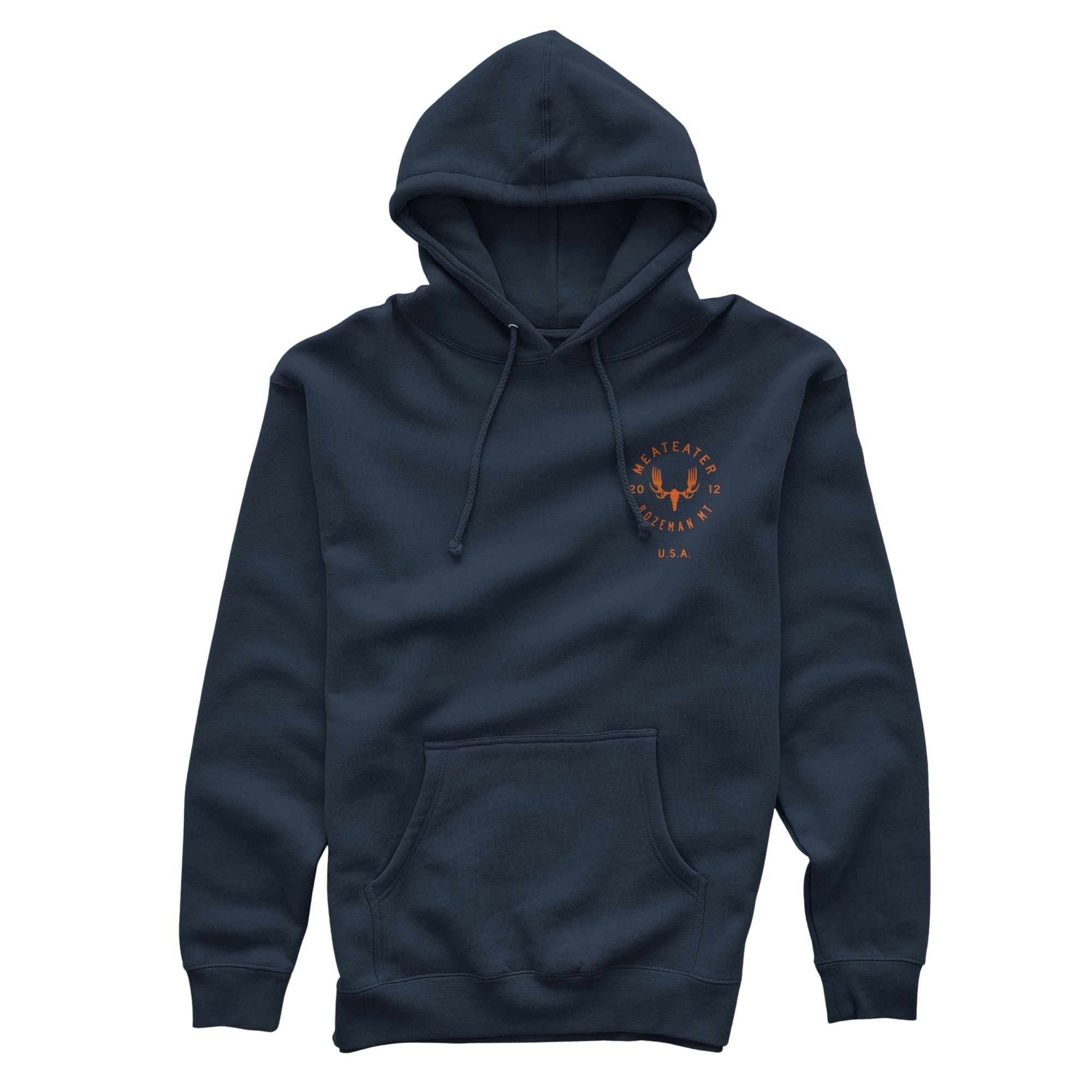Navy hoodie with drawstrings, a kangaroo pocket, and a circular MeatEater logo.