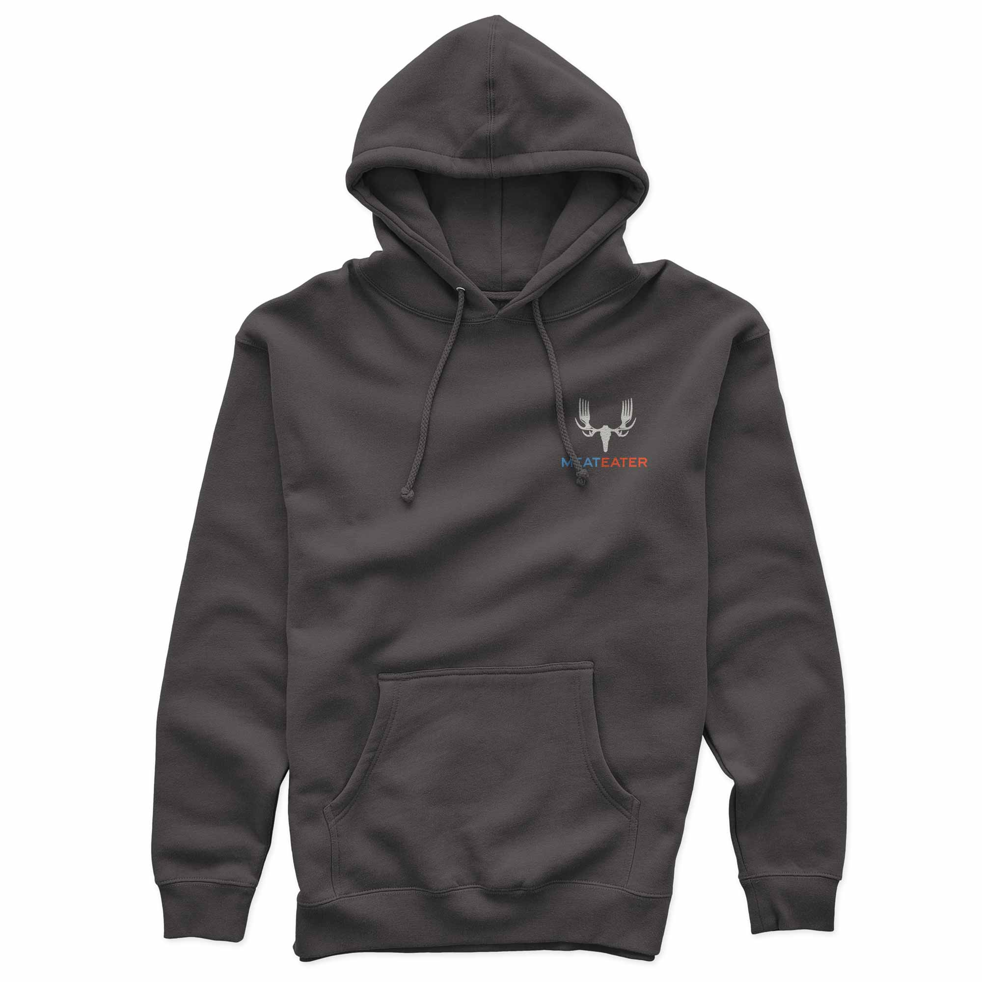 Grey hoodie with a logo on the chest against a white background