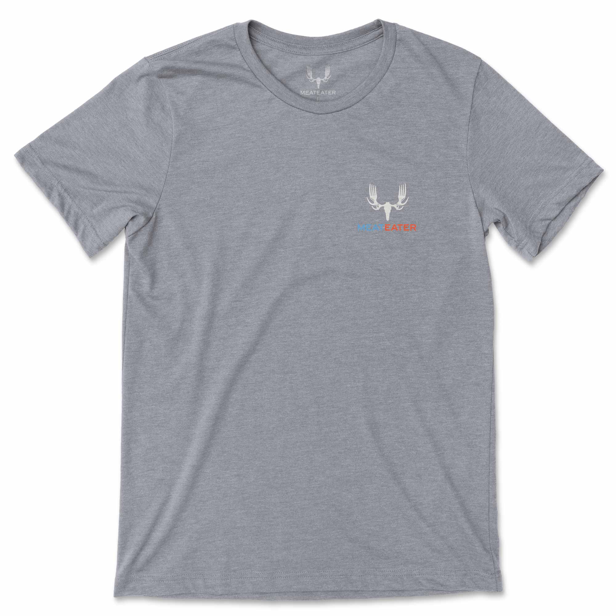 Gray t-shirt with a MeatEater logo on the chest against a white background