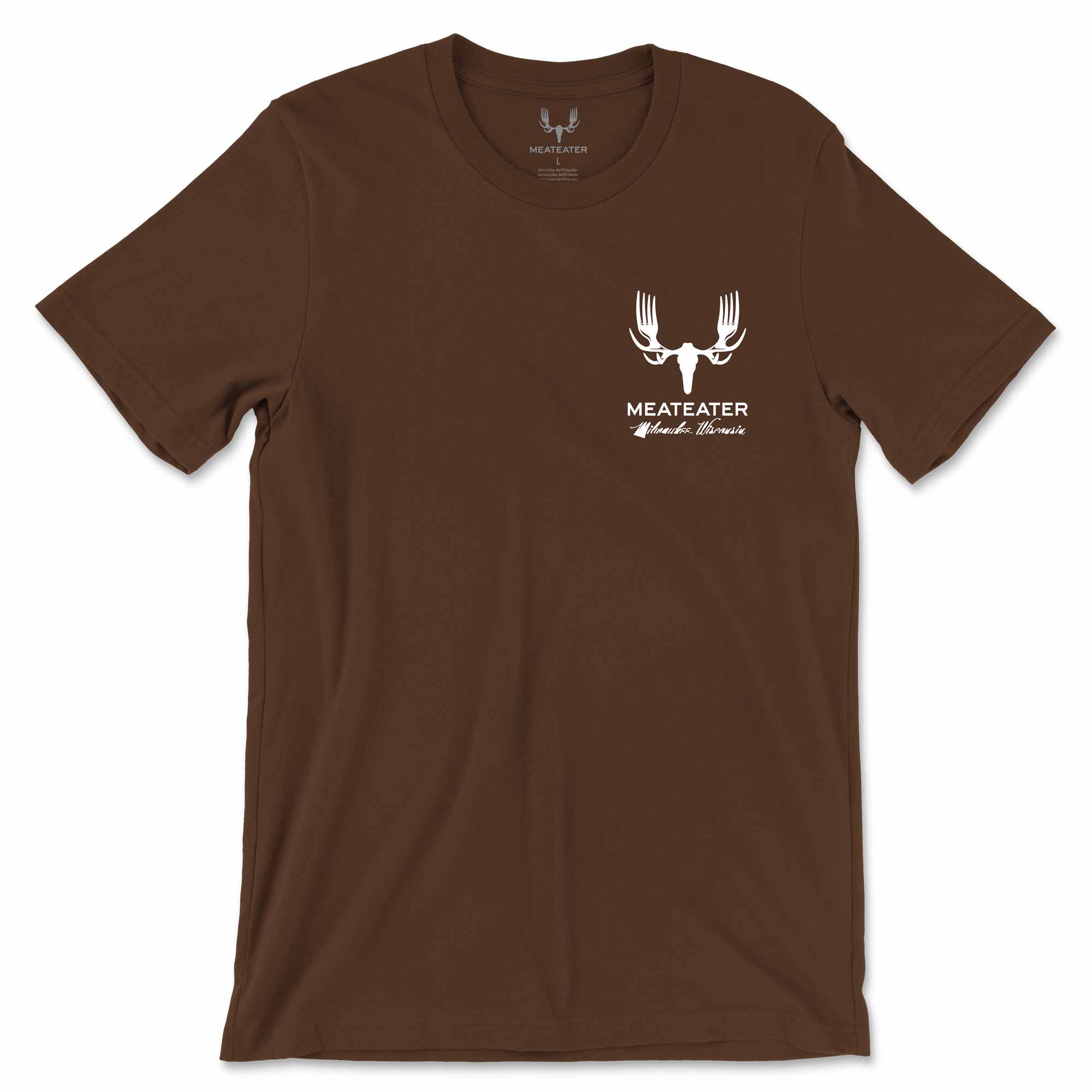 Brown t-shirt with white MeatEater, Milwaukee Wisconsin graphic and text on a white background
