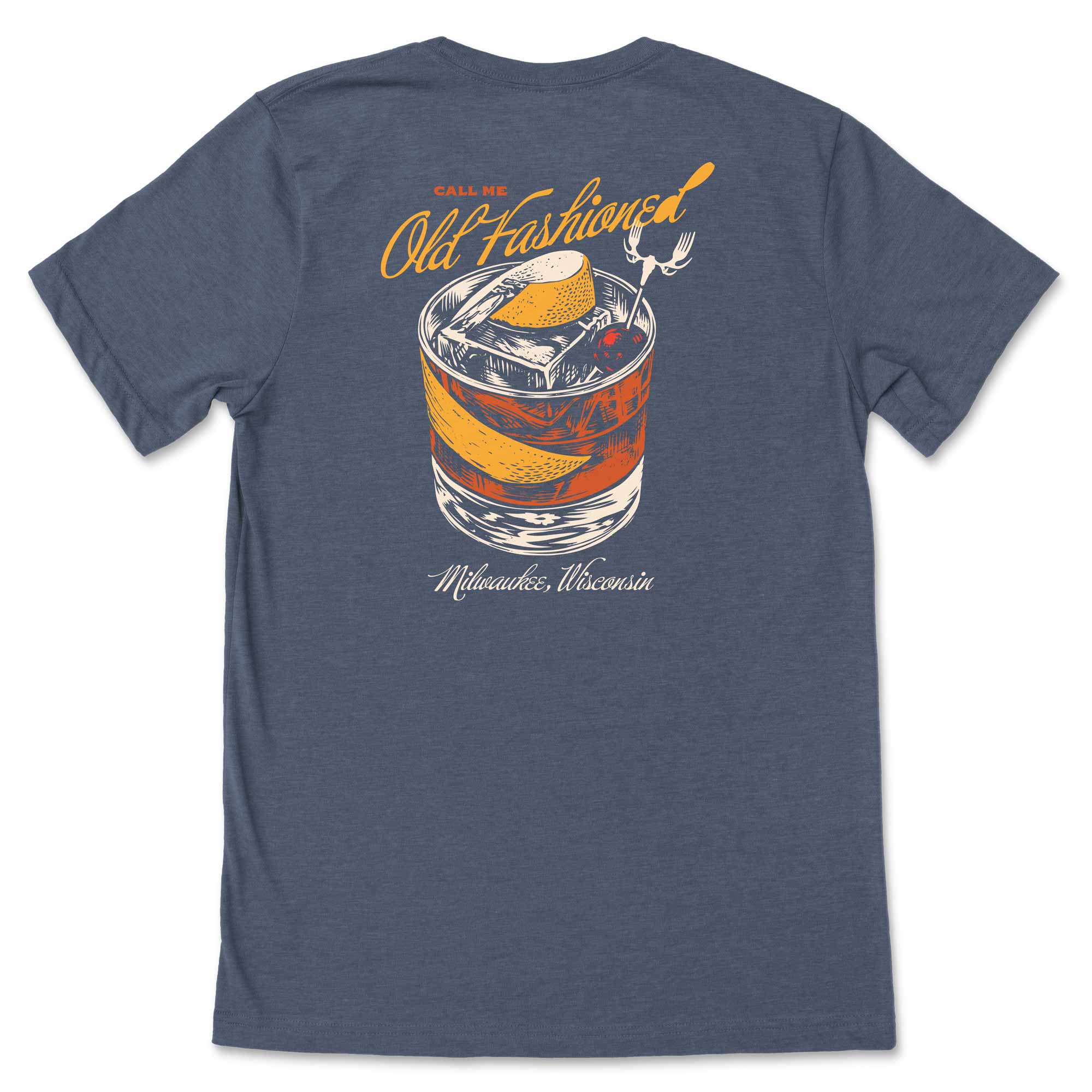 Blue t-shirt with an 'Old Fashioned' cocktail graphic on the back, set against a white background.