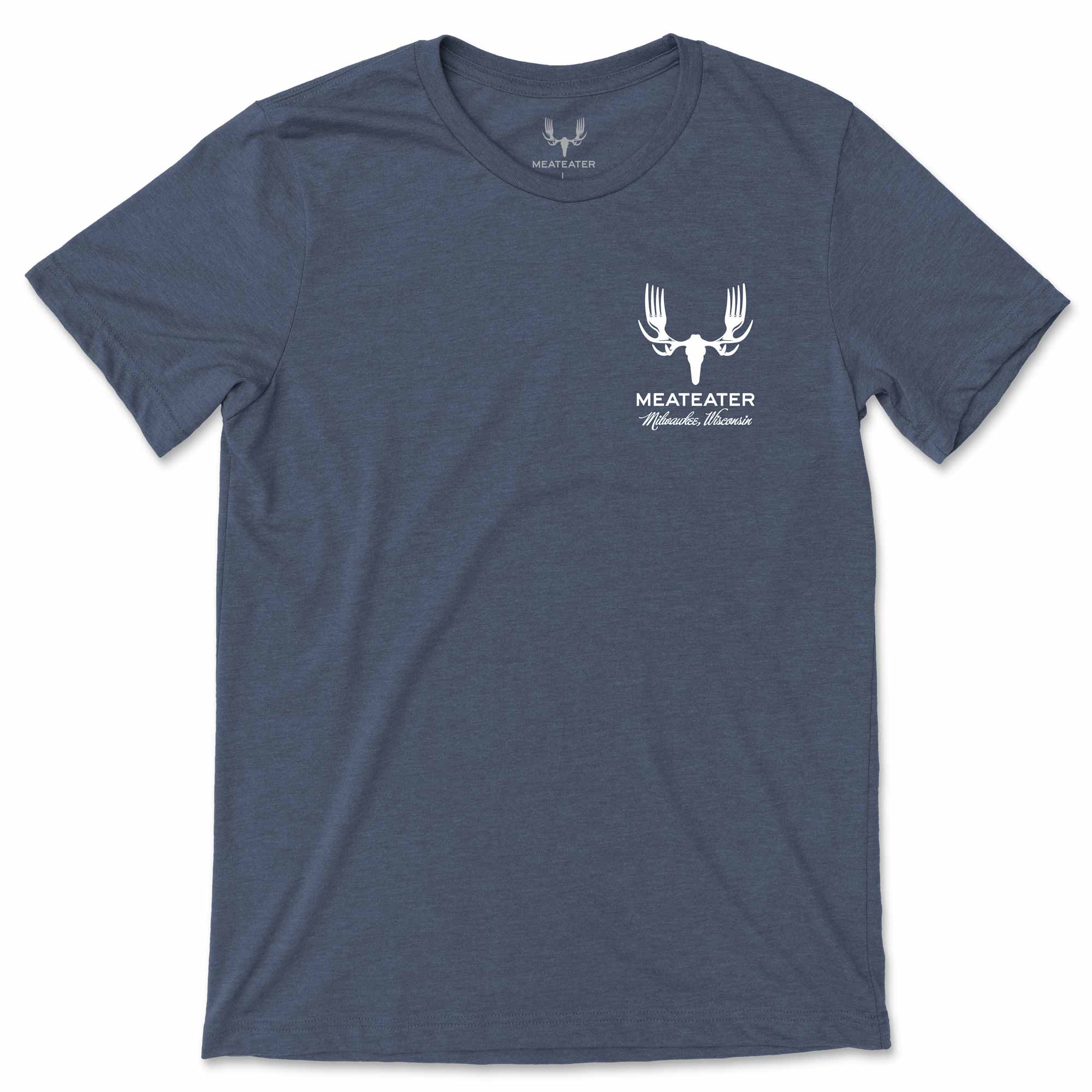 Blue t-shirt with white MeatEater Milwaukee Wisconsin graphic and text on a white background