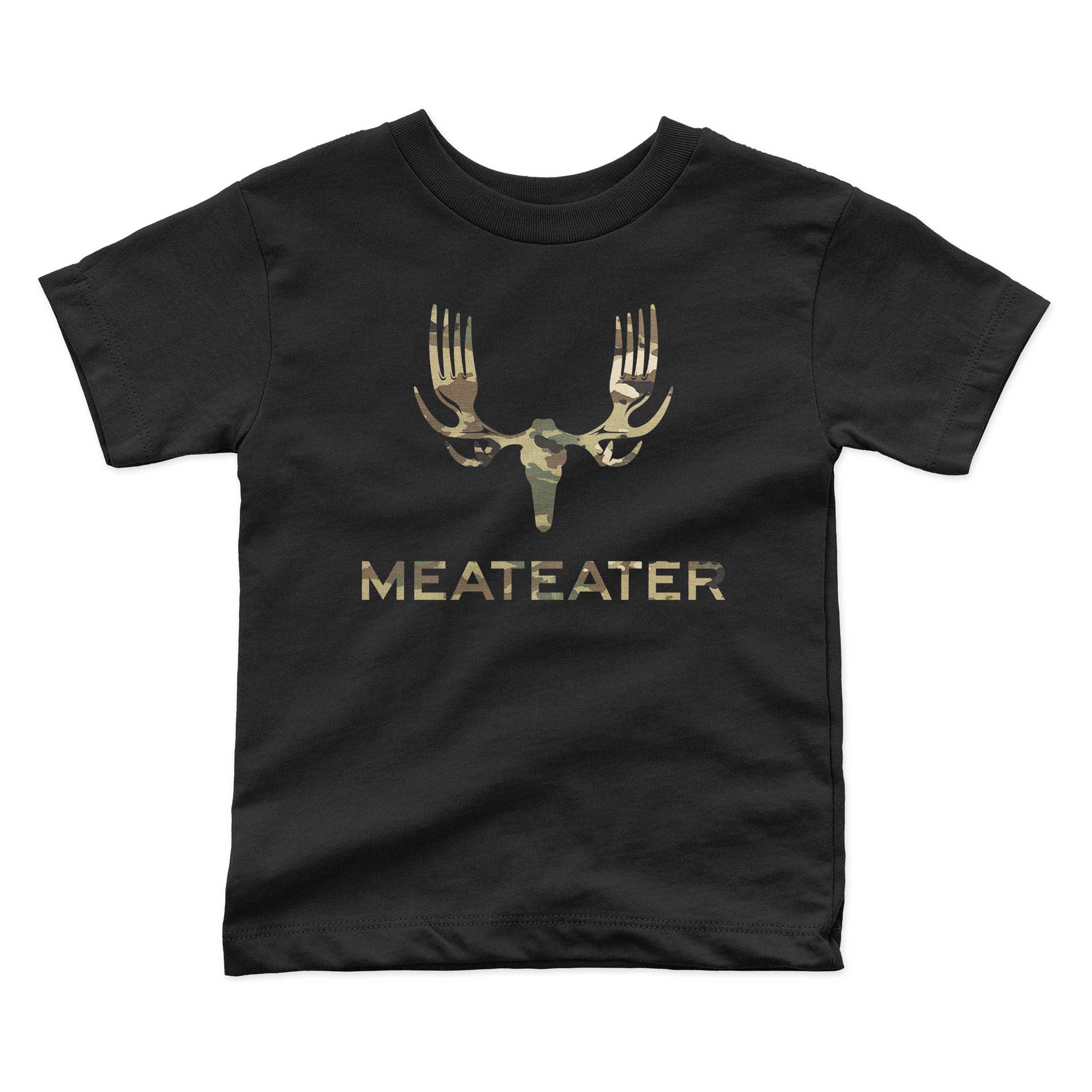 Black t-shirt with camo fork-antler skull graphic and MEATEATER text.