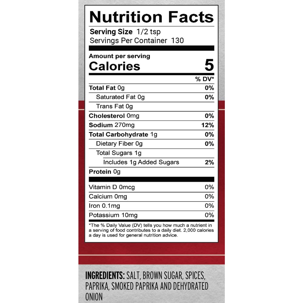 White and red nutrition facts label for a seasoning blend featuring paprika and onion.