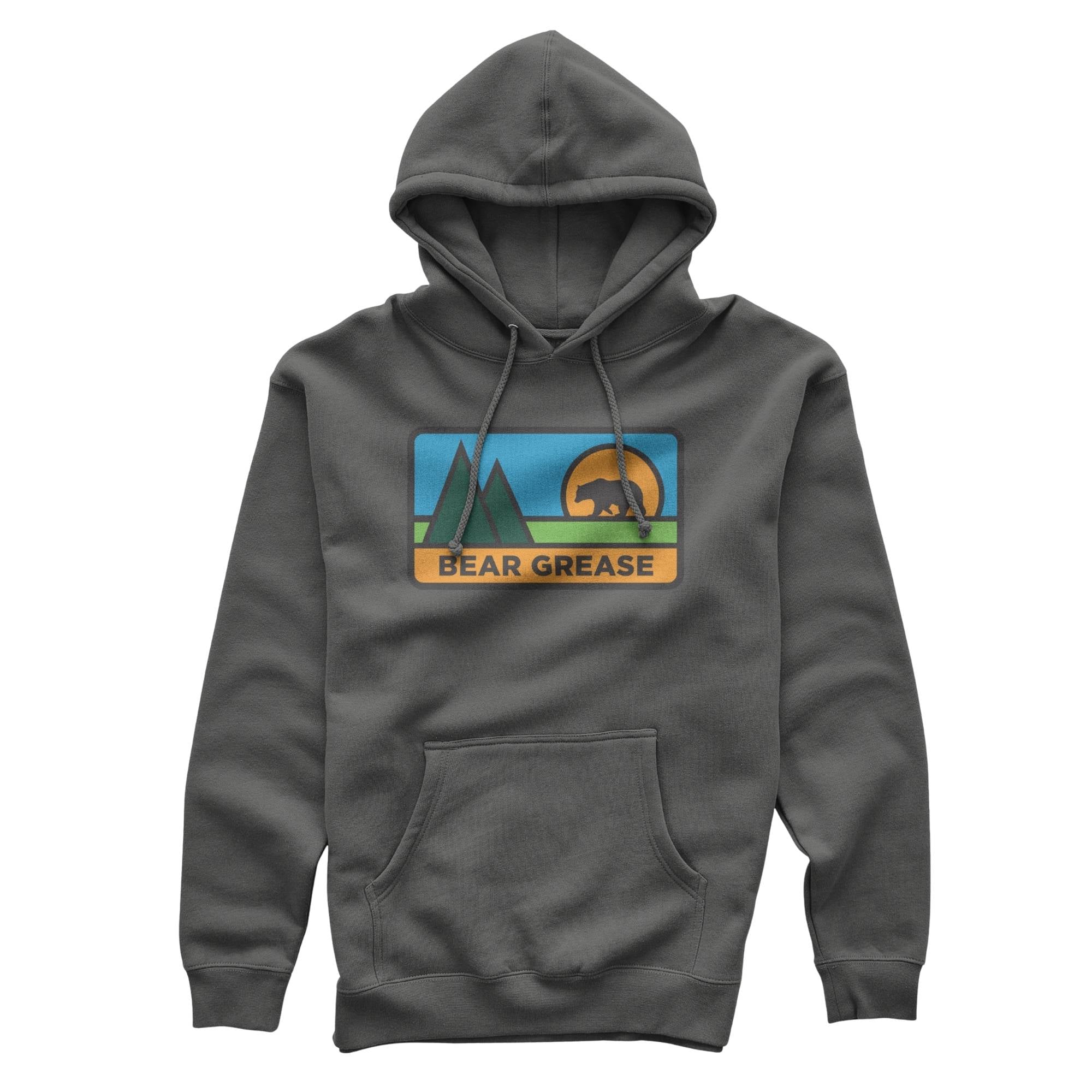 Dark grey pullover hoodie with a colorful 'BEAR GREASE' graphic of a bear, mountains, and sun.