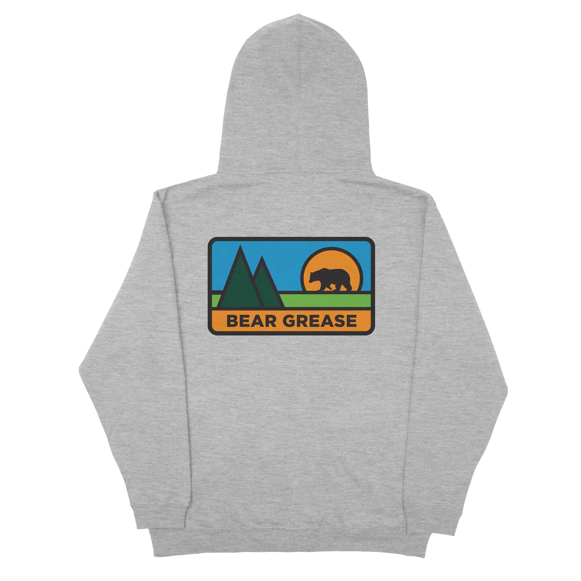 Grey hoodie with "Bear Grease" patch featuring mountains, bear, and sun on the back.