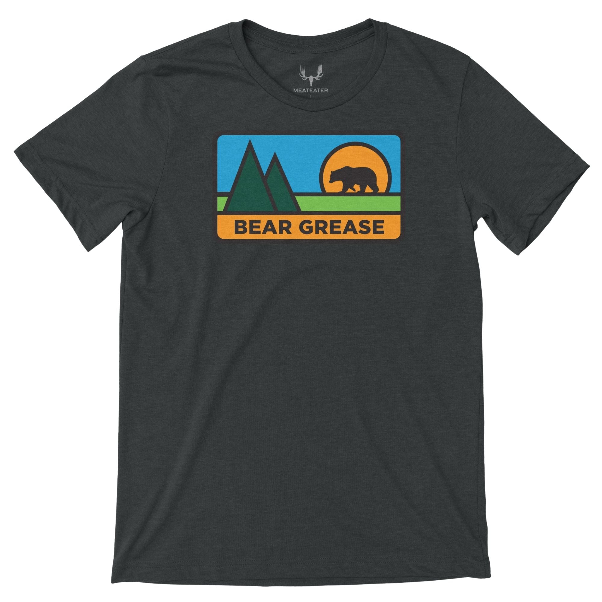 Graphite T-shirt with a colorful graphic of a bear, mountains, sun, and 'BEAR GREASE' text.