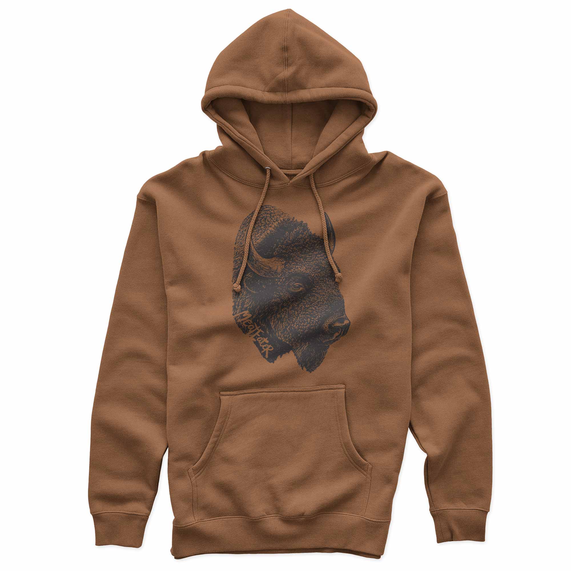 Brown hoodie with a bison graphic on a white background