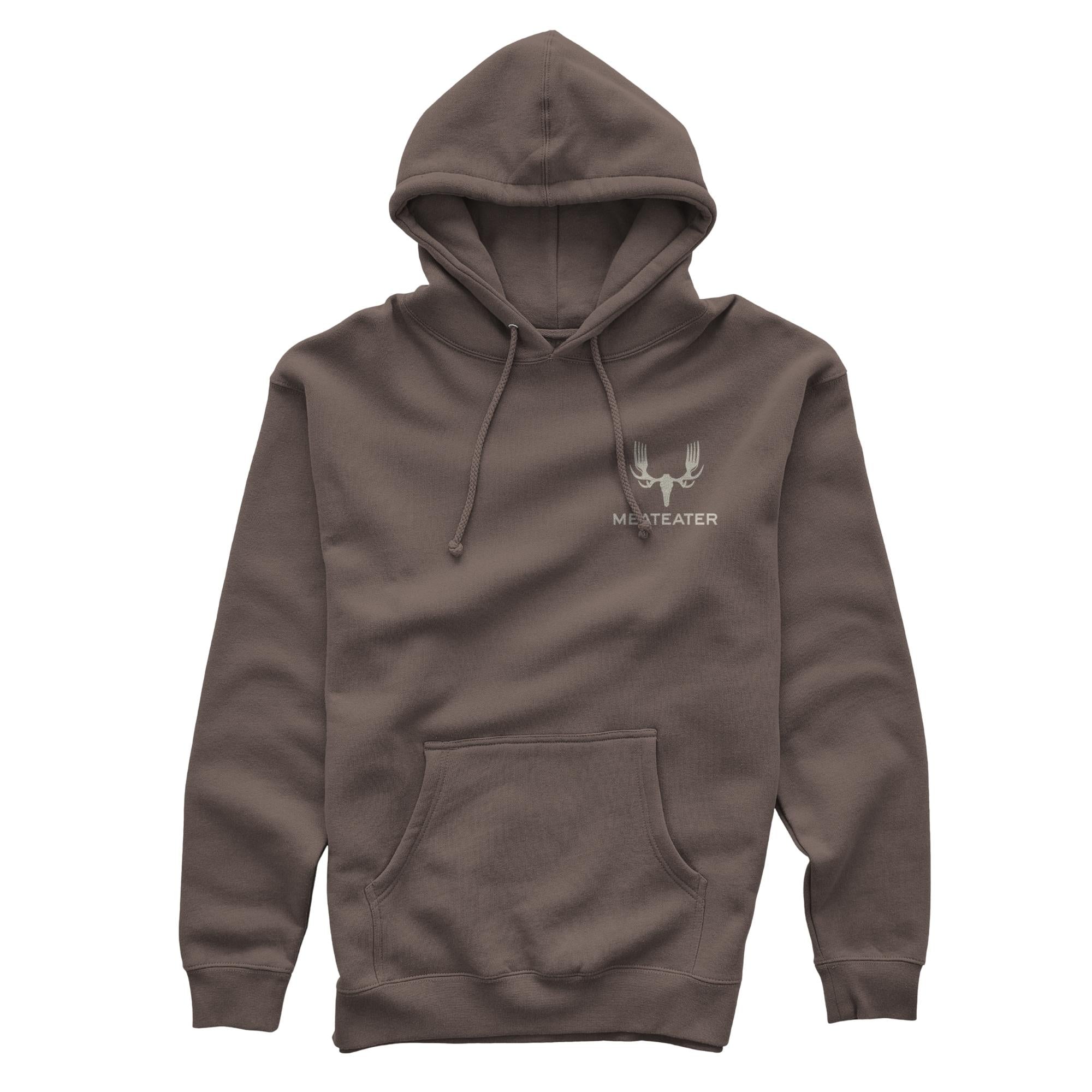 Brown hoodie with white "MEATEATER" logo, antler-forks, drawstring, and kangaroo pocket.