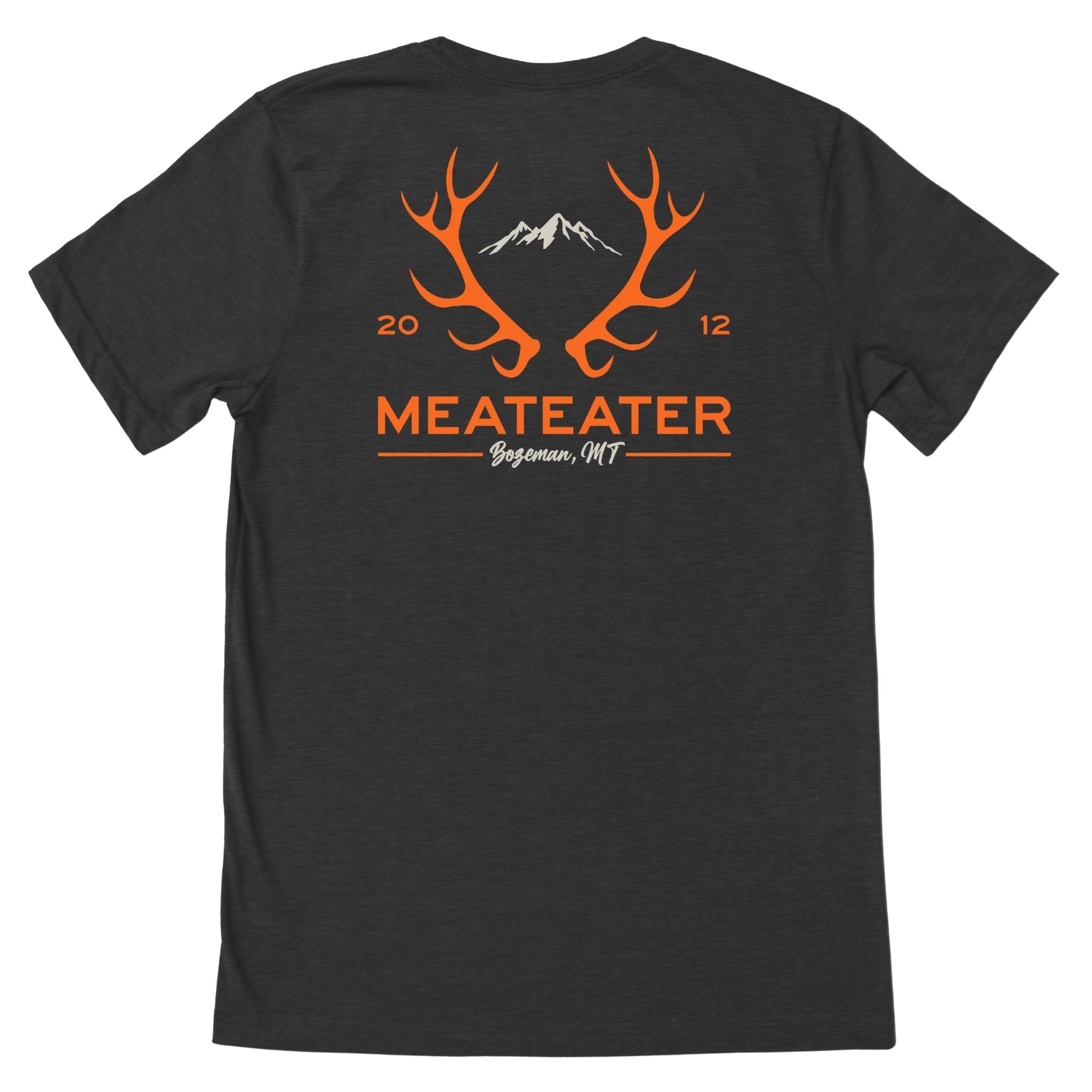 Charcoal heather t-shirt with orange antlers, white mountains, "MEATEATER Bozeman, MT" (2012).