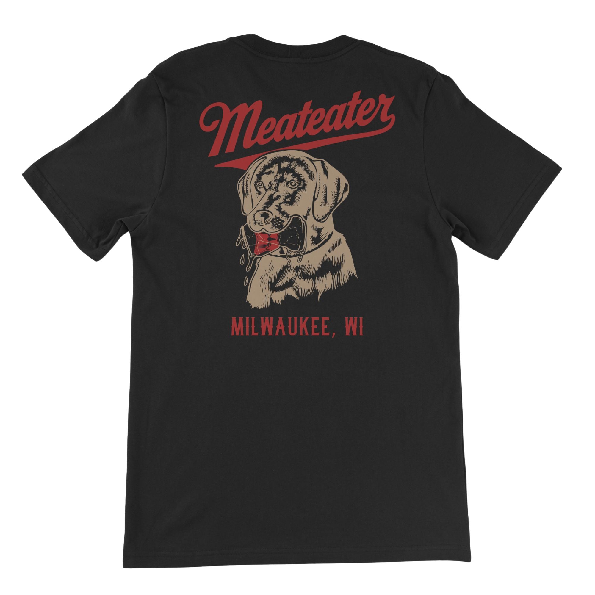 Black t-shirt featuring "MEATEATER" and a dog with a can in his mouth