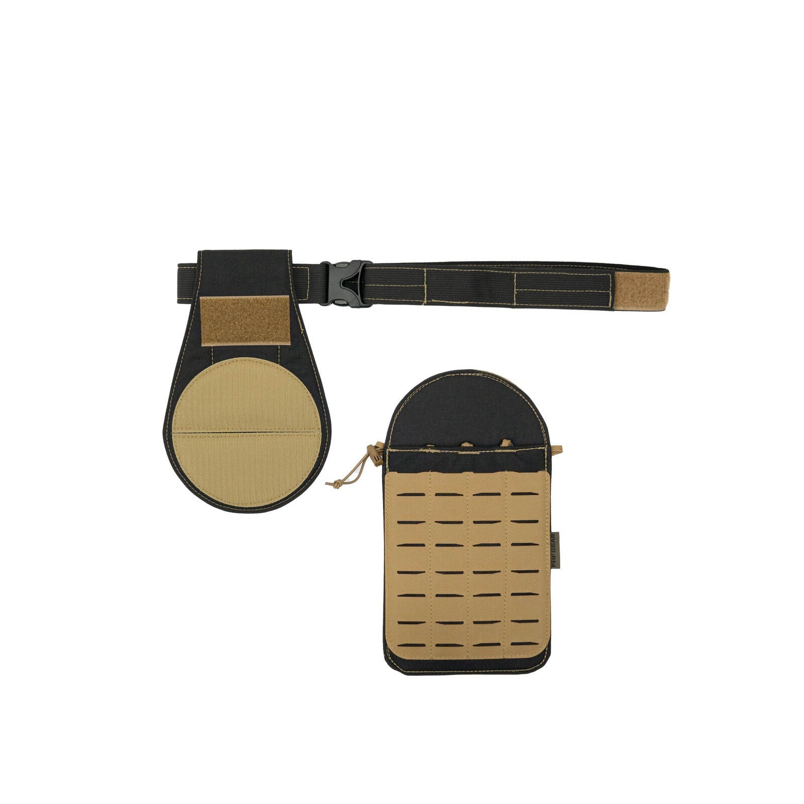 Black and tan tactical belt with a modular round pad and a laser-cut MOLLE pouch.