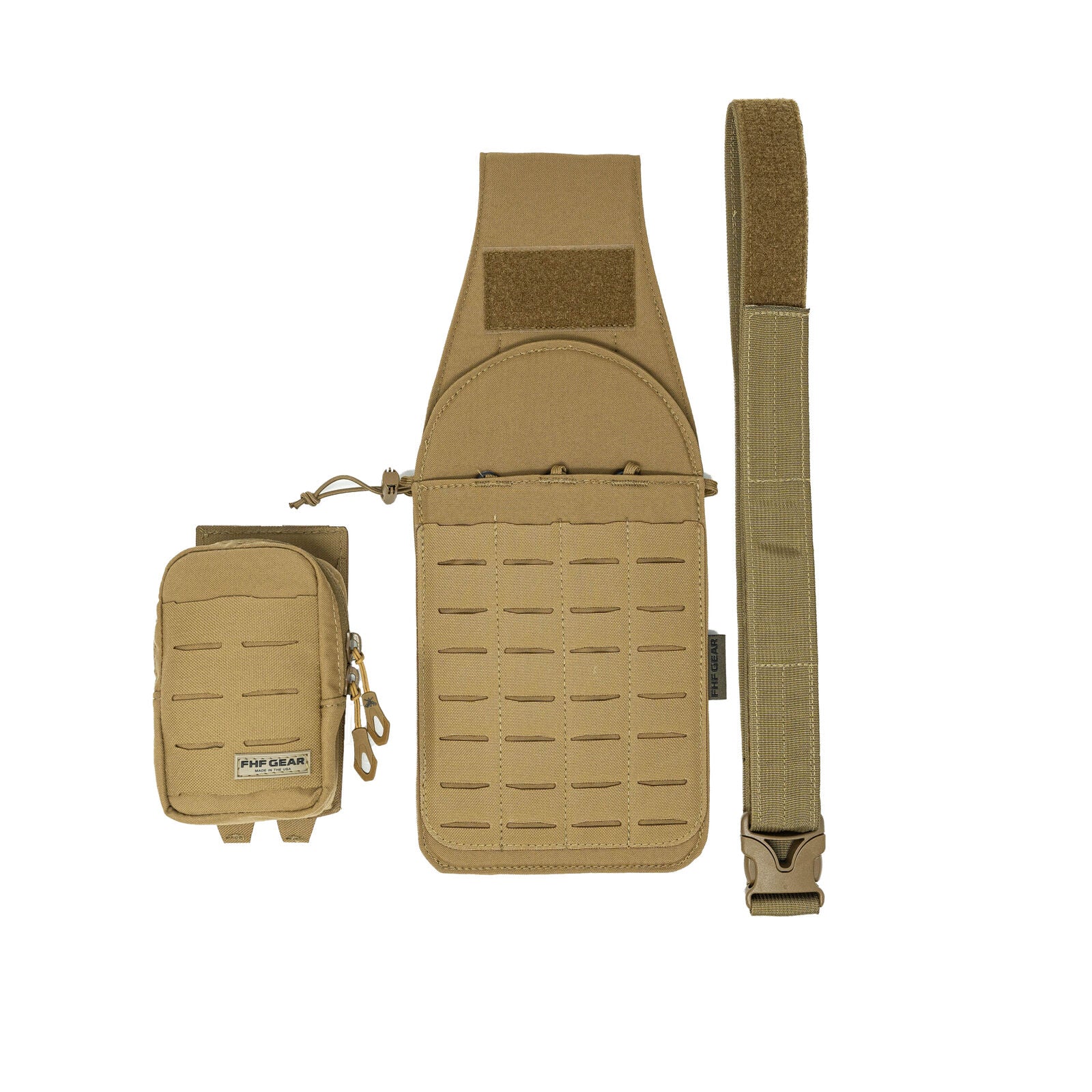 Coyote tan modular tactical gear: MOLLE panel, zippered pouch, and buckled strap.
