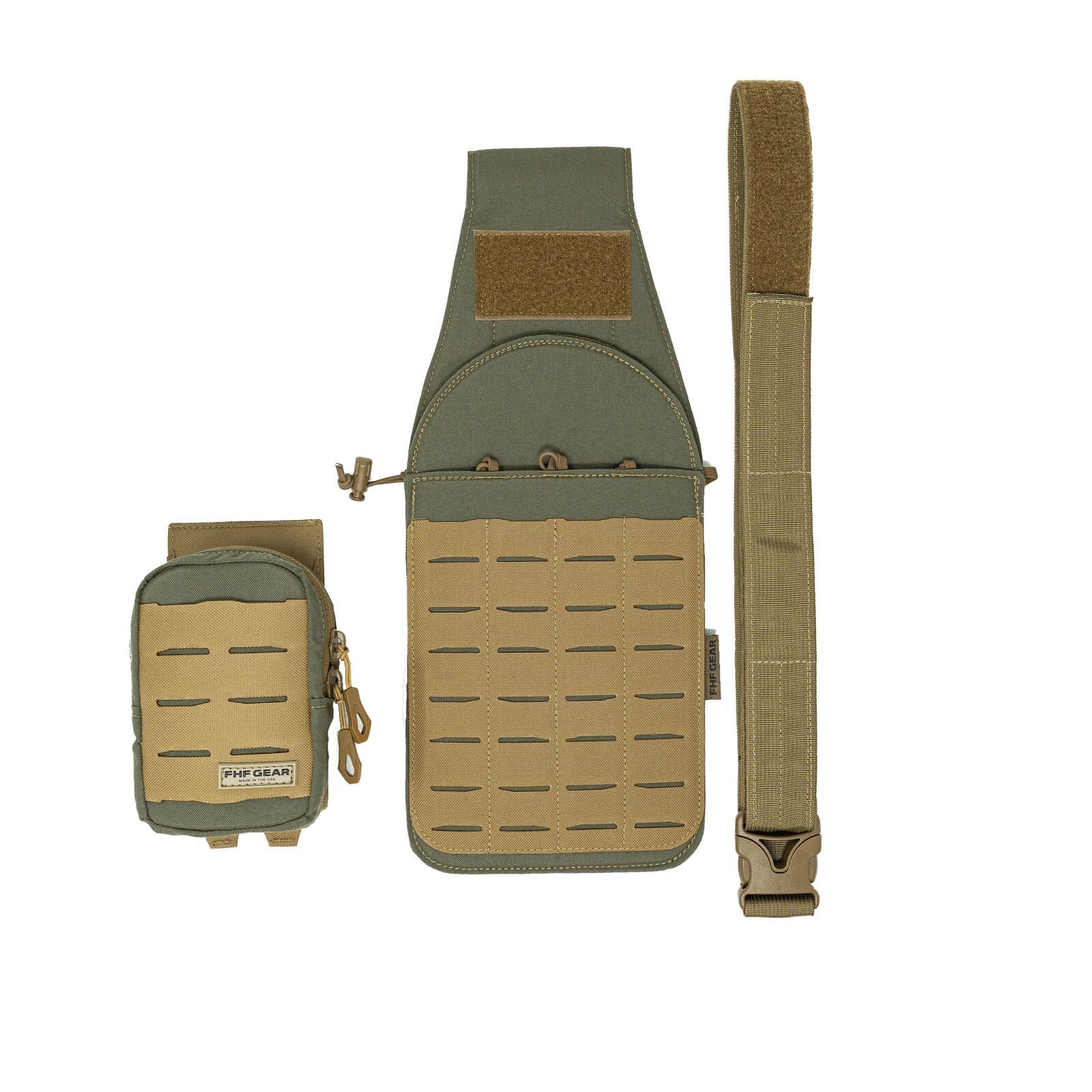 Olive green and tan tactical gear: panel with MOLLE, small zipped pouch, and buckle strap.