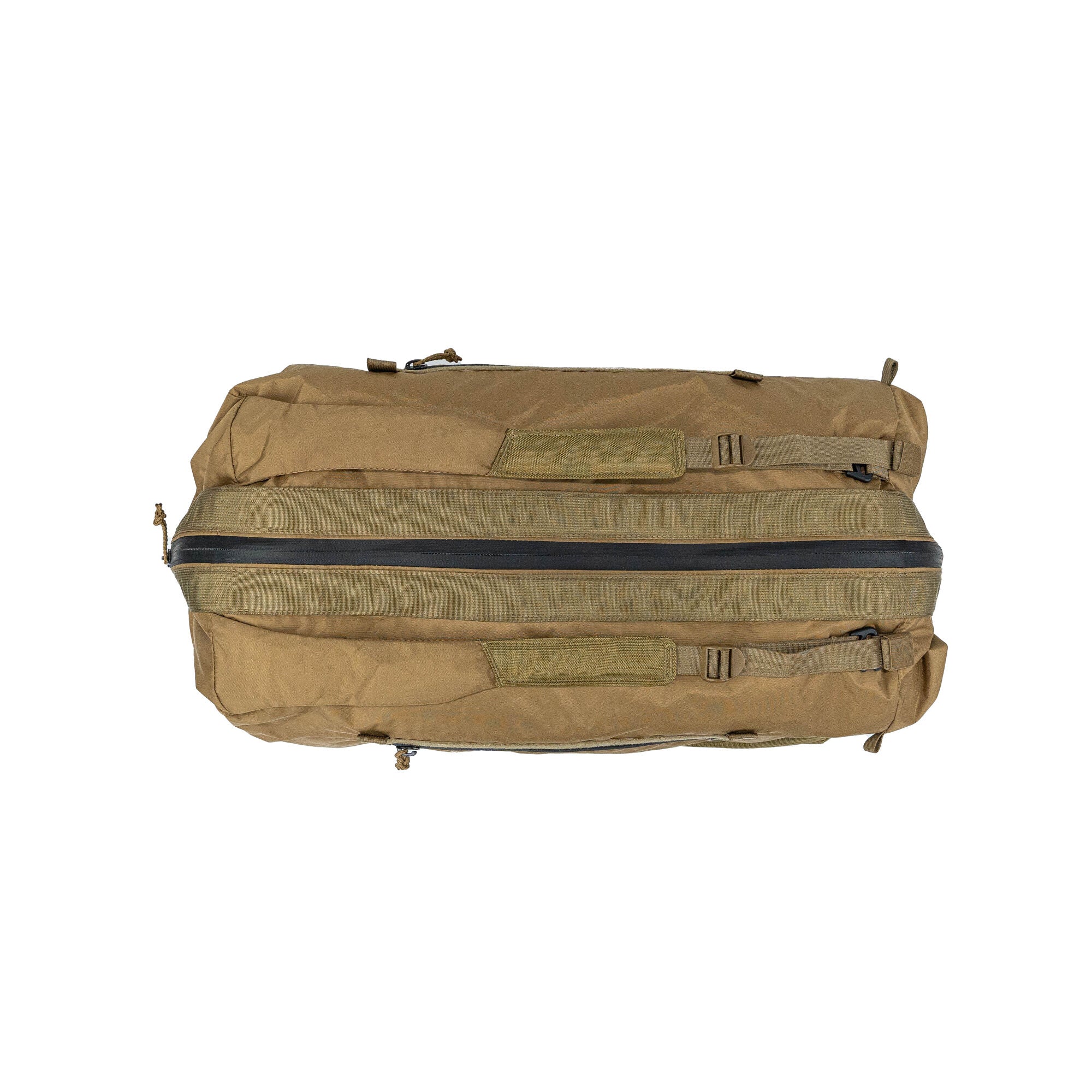 Tan tactical gear bag with black central zipper, multiple straps, and padded handles.