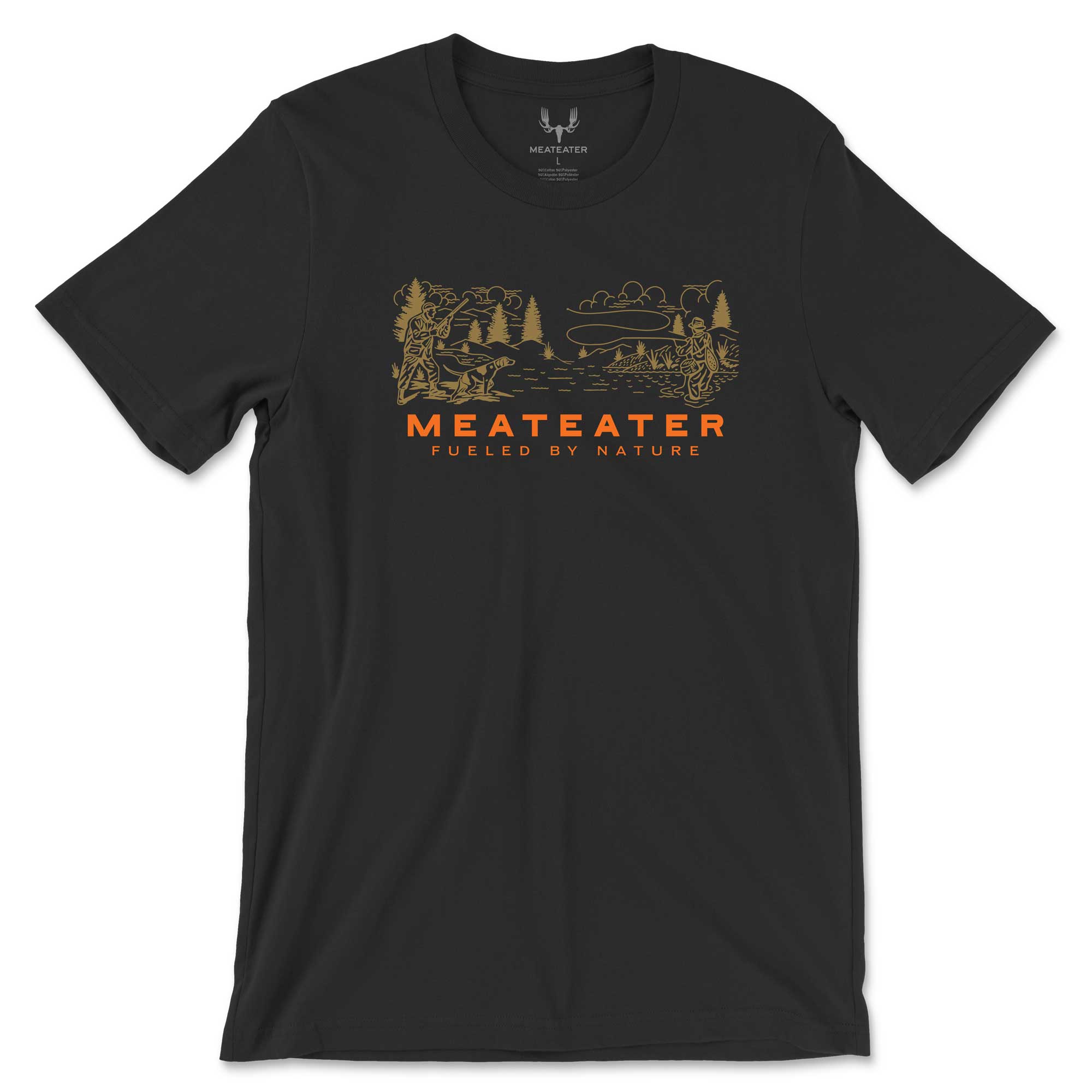 Black t-shirt with 'Meateater' logo and duck hunting and fly fishing graphic on a white background