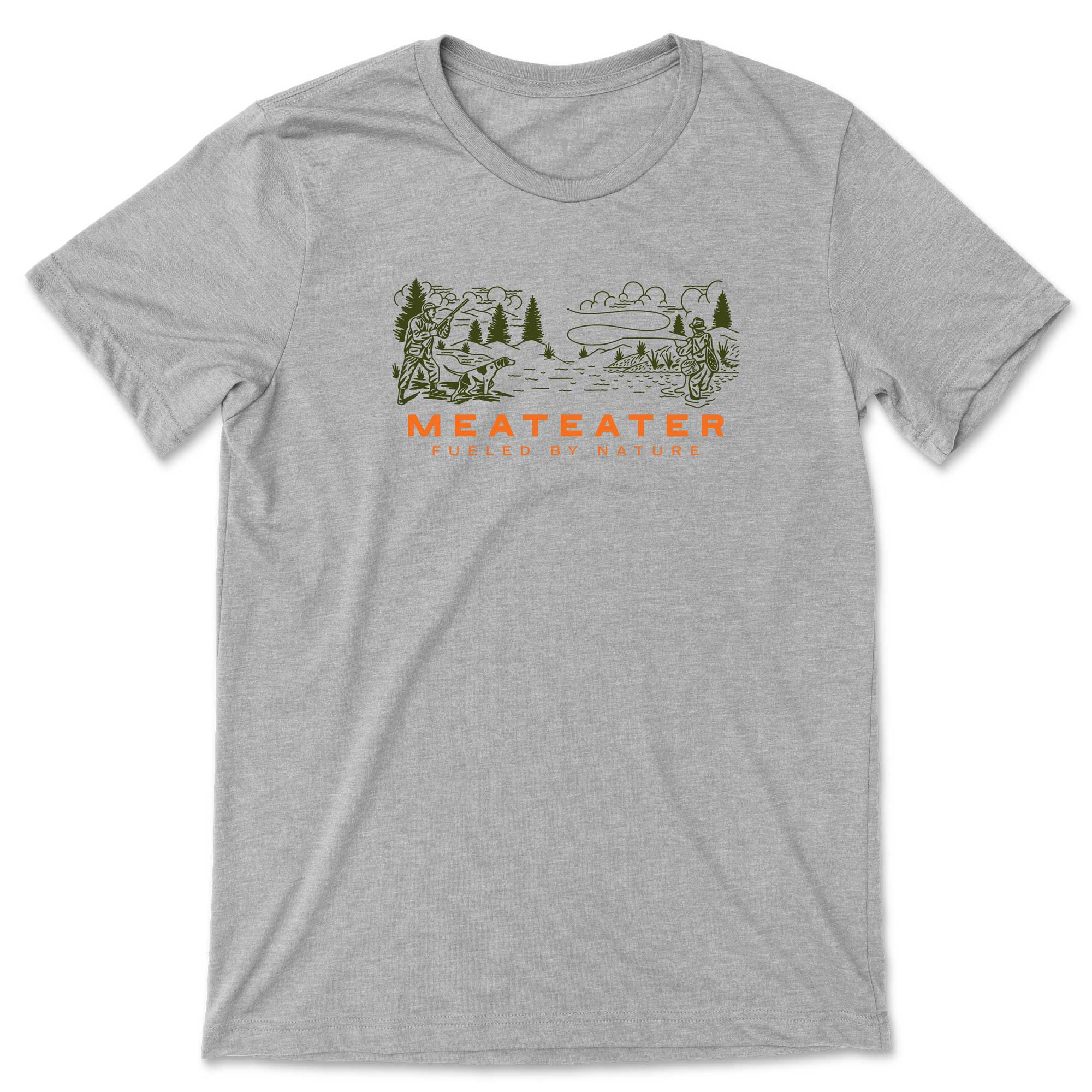 Gray t-shirt with a duck hunting and fly fishing graphic and 'Meateater' text on a white background