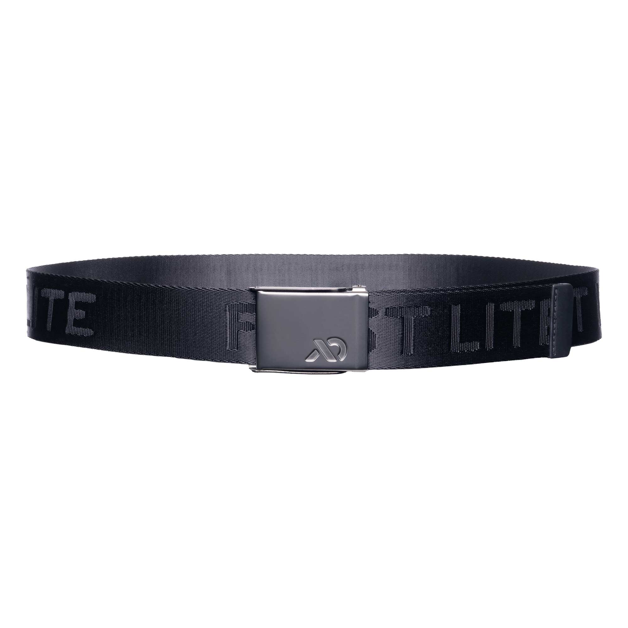 Black nylon belt with silver buckle with the First Lite logo.