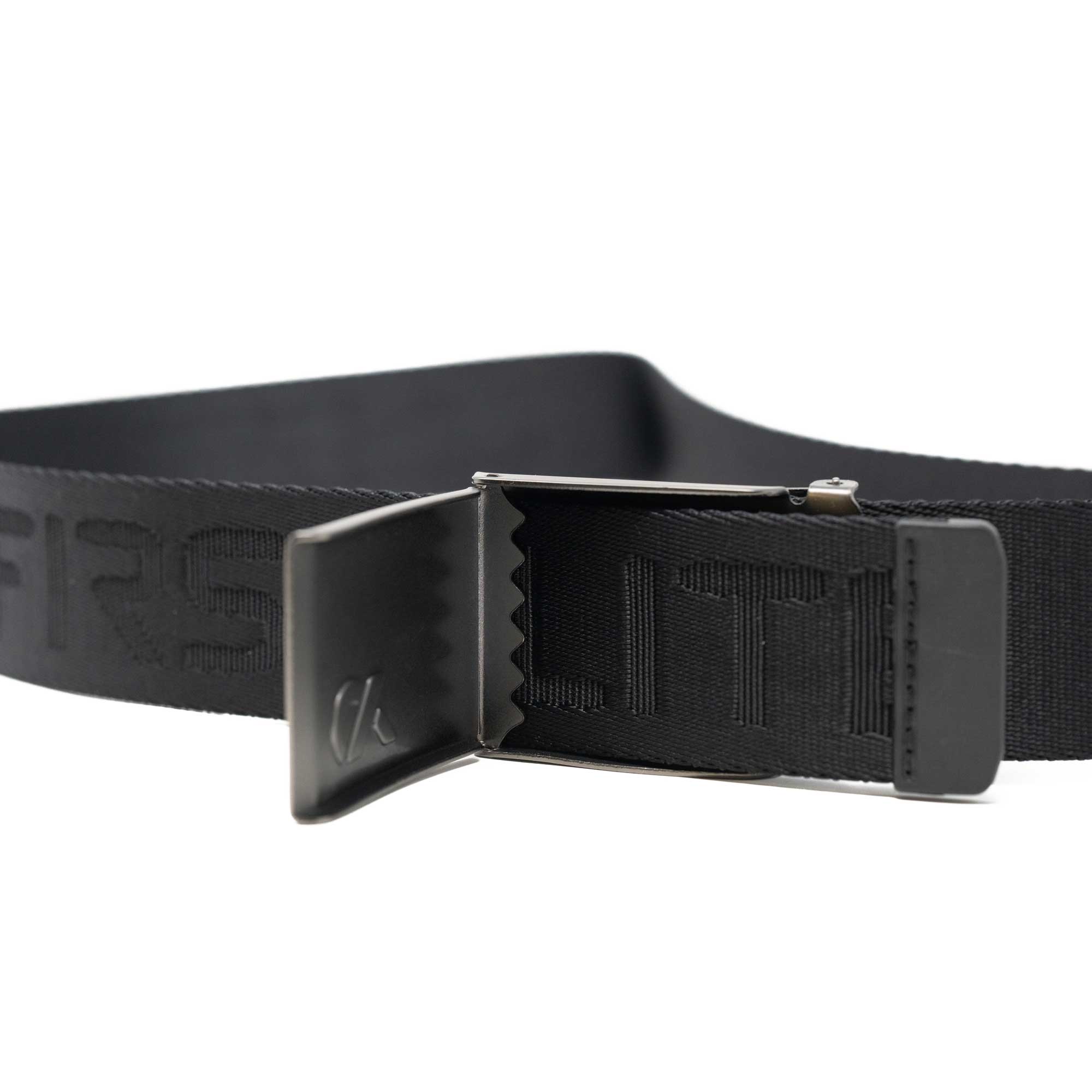 Black nylon belt with silver buckle and teeth with the First Lite logo.