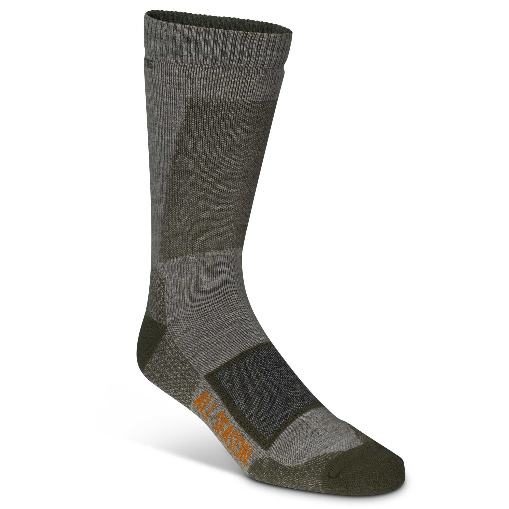 Olive green and gray crew sock with textured panels and orange "ALL SEASON" text.