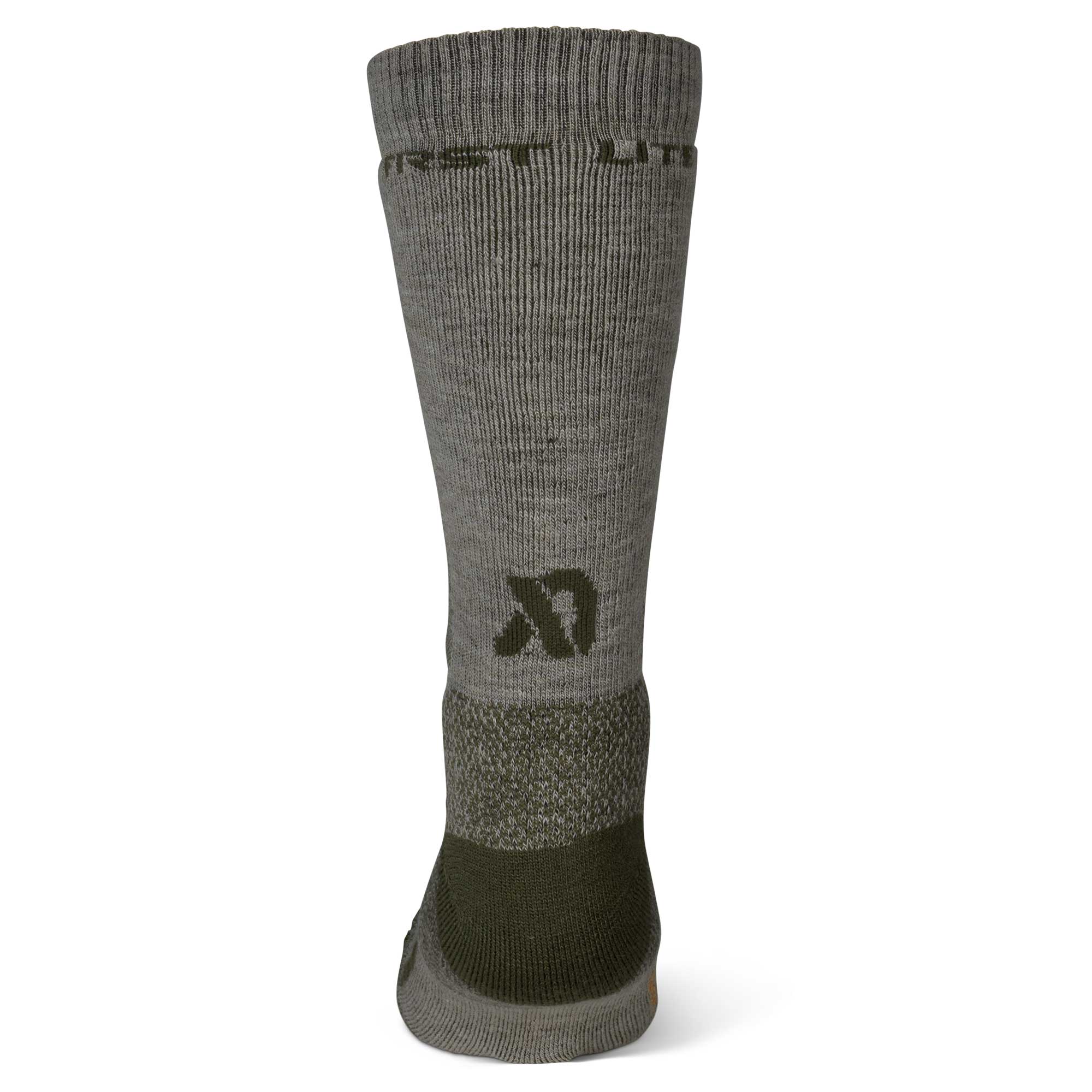 Muted greenish-grey ribbed boot sock with dark olive green 'TREK LITE' text, an 'R' logo, and a dark olive green heel and toe.