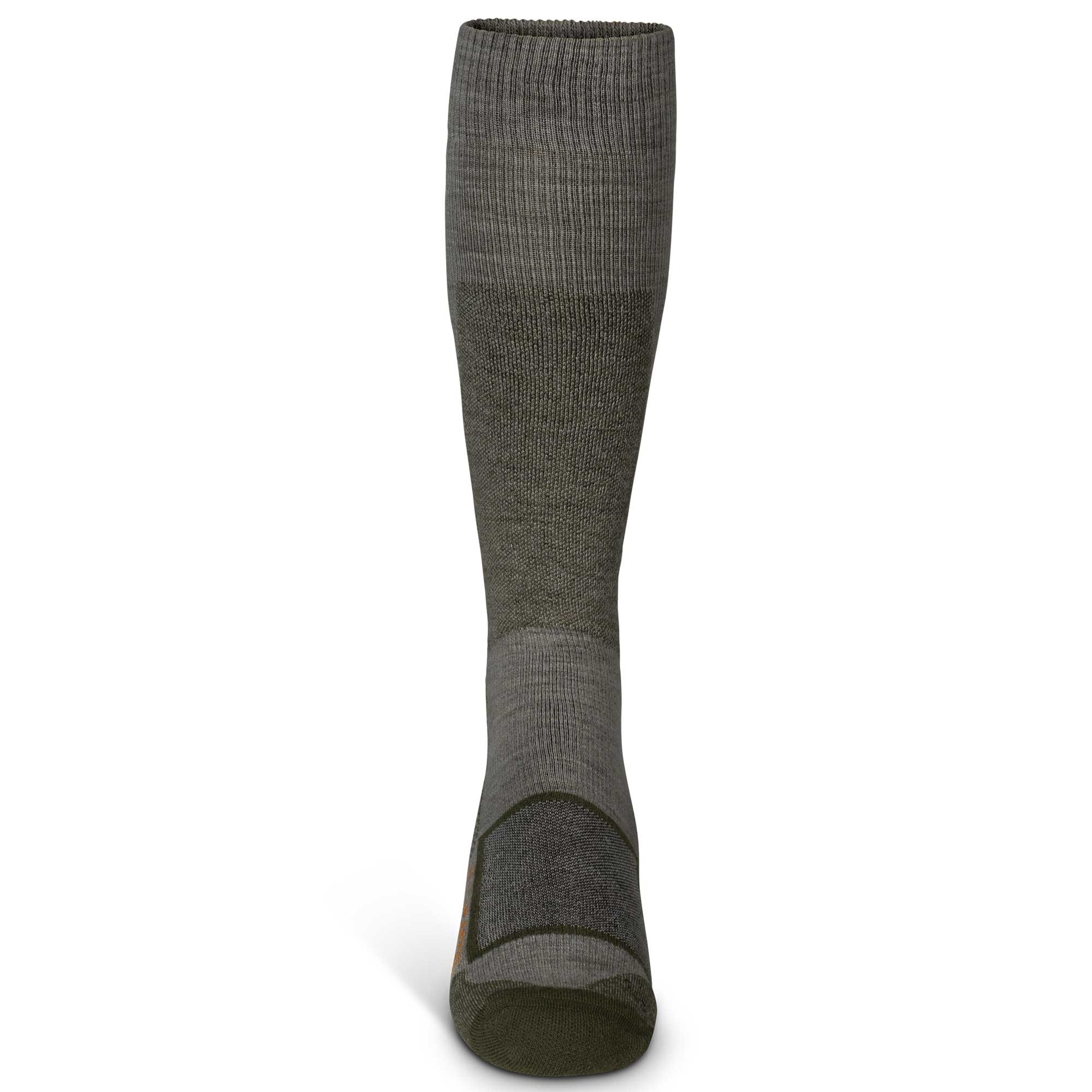 Olive green tall knit sock with dark reinforced heel and toe, and a small orange accent.