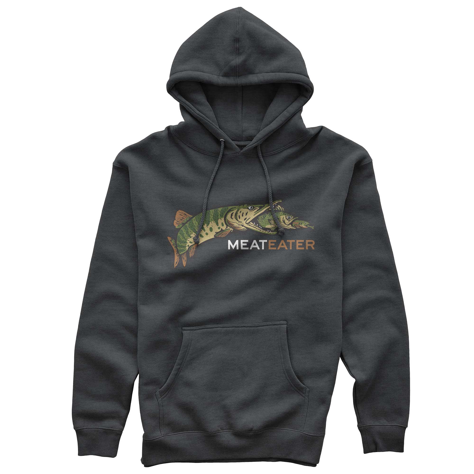Charcoal hoody with chain of freshwater fish eating each other, and text saying "MeatEater"