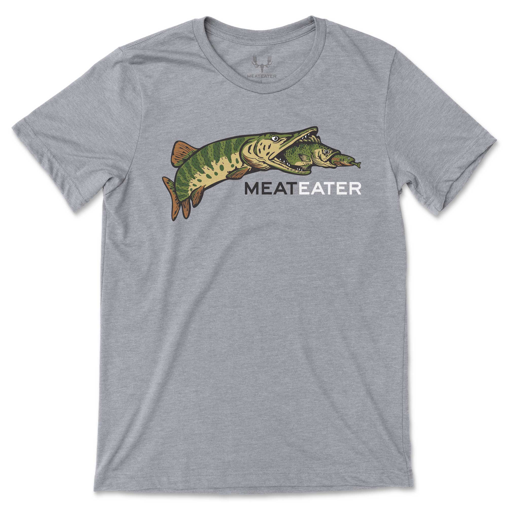 Heather grey t-shirt with chain of freshwater fish eating each other, and text saying "MeatEater"
