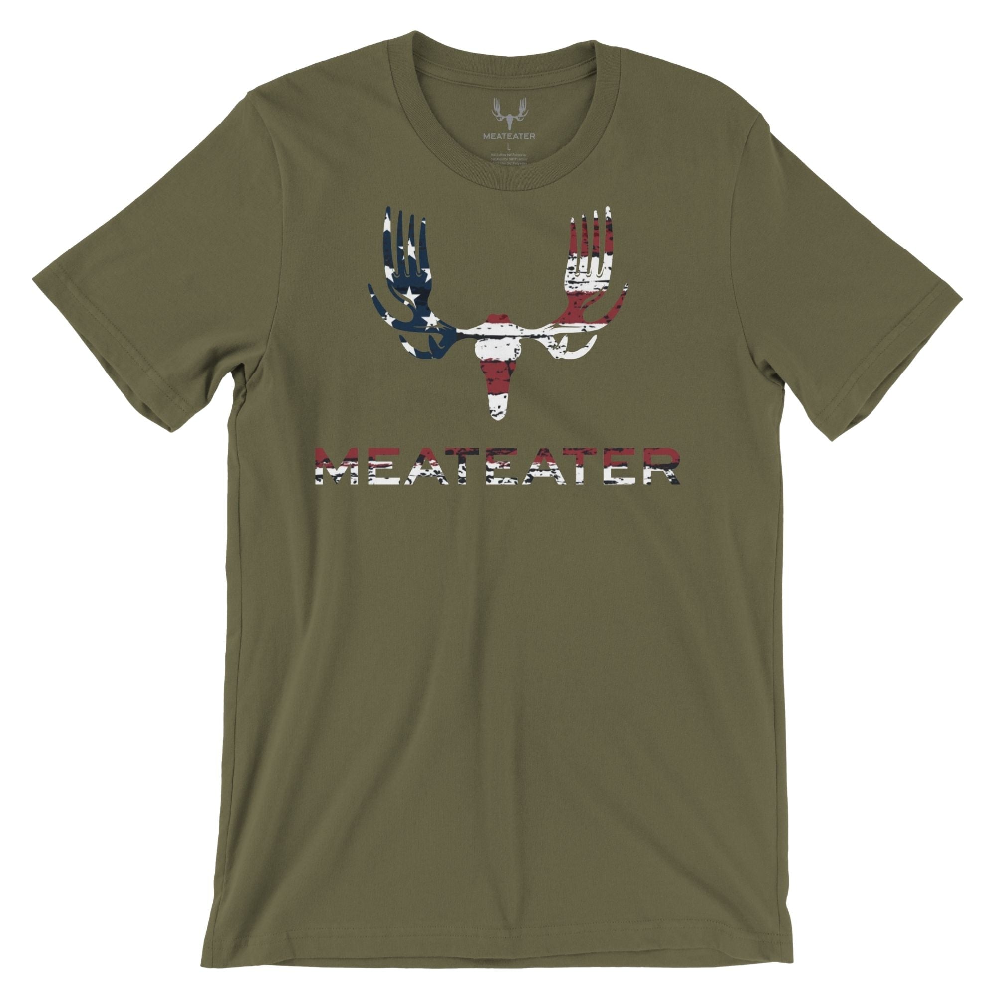 Military green t-shirt with American flag antler-utensil graphic and "MEATEATER" text.